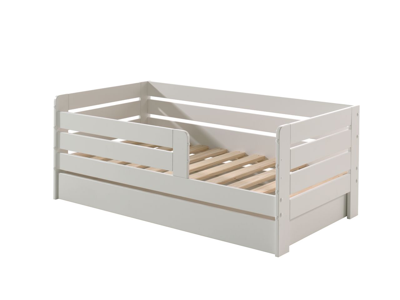 VIPACK Juniorbett mit Liegefläche 70 x 140 cm, Umrandung mit waagerechten Paneelen, inklusive Bettschublade, Ausf. MDF weiß lackiert
