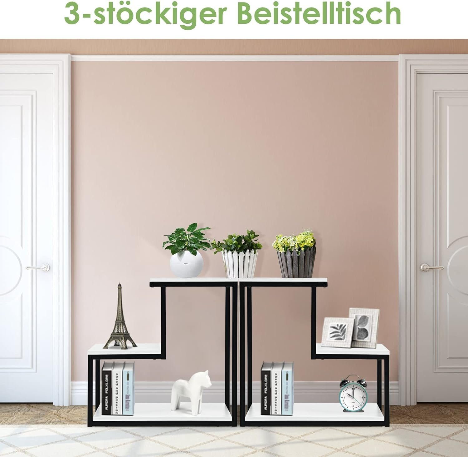 KOMFOTTEU Beistelltisch Kaffeetisch, mit Stahlrahmen, 3 Ebenen