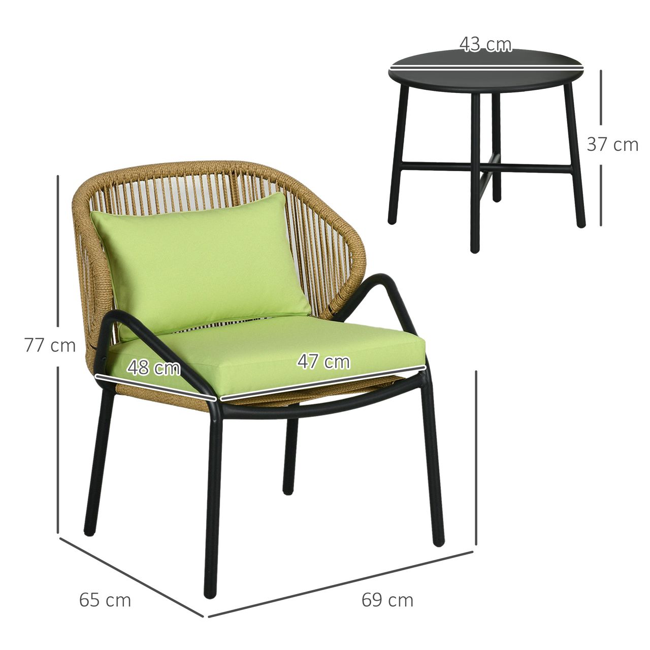Outsunny Rattan Gartenmöbel-Set Gartengarnitur mit 2 Stühlen, Beistelltisch