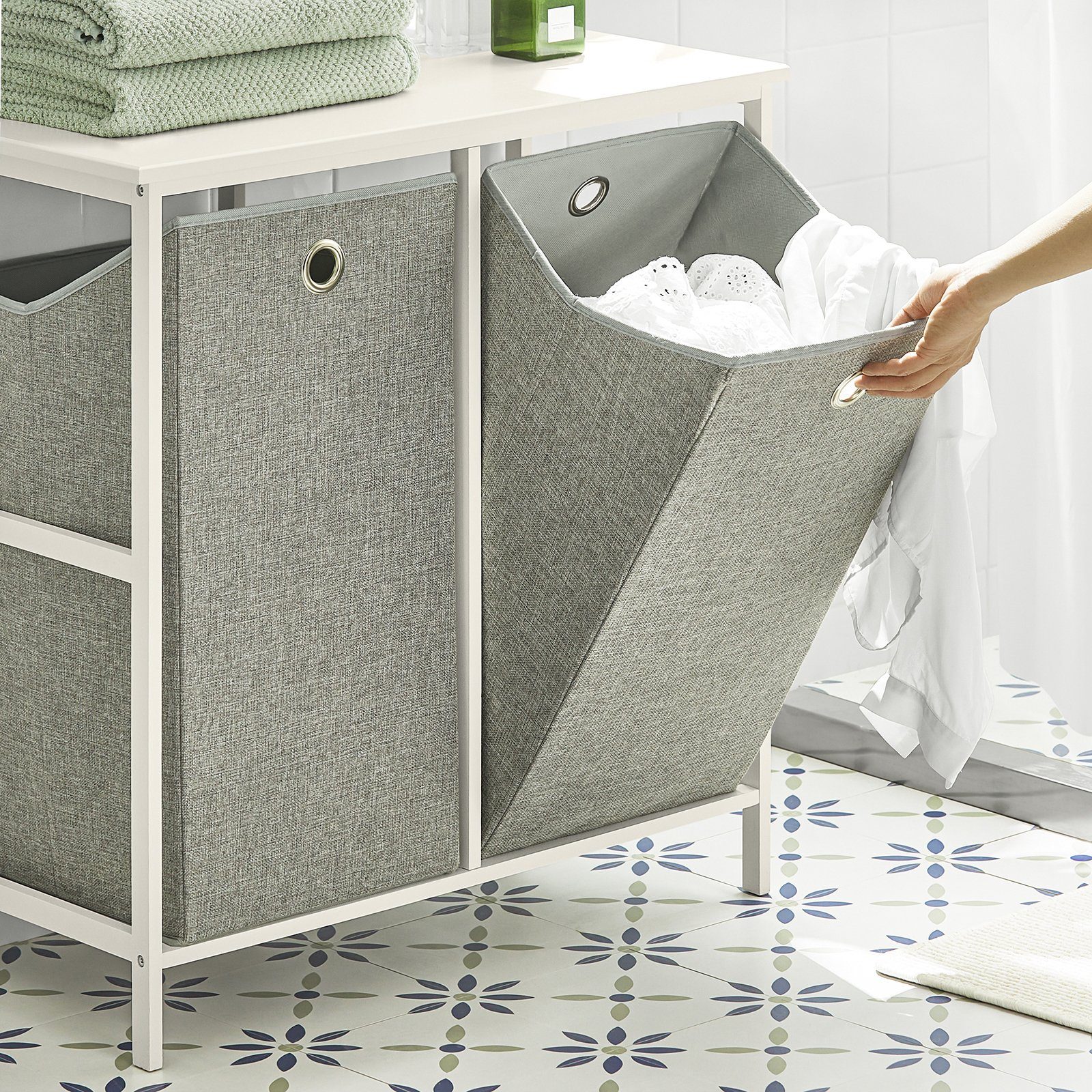 SoBuy Wäscheschrank BZR57 mit 2 abnehmbaren Wäschesäcken Wäschetruhe Wäschesammler Badschrank