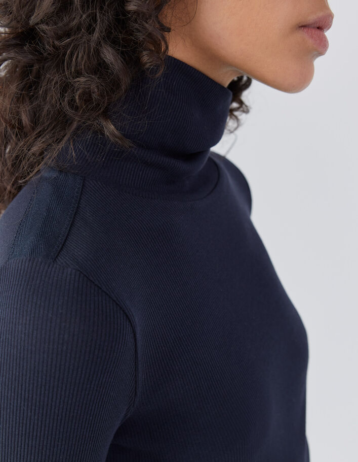 Tee-shirt col montant manches longues bleu marine femme