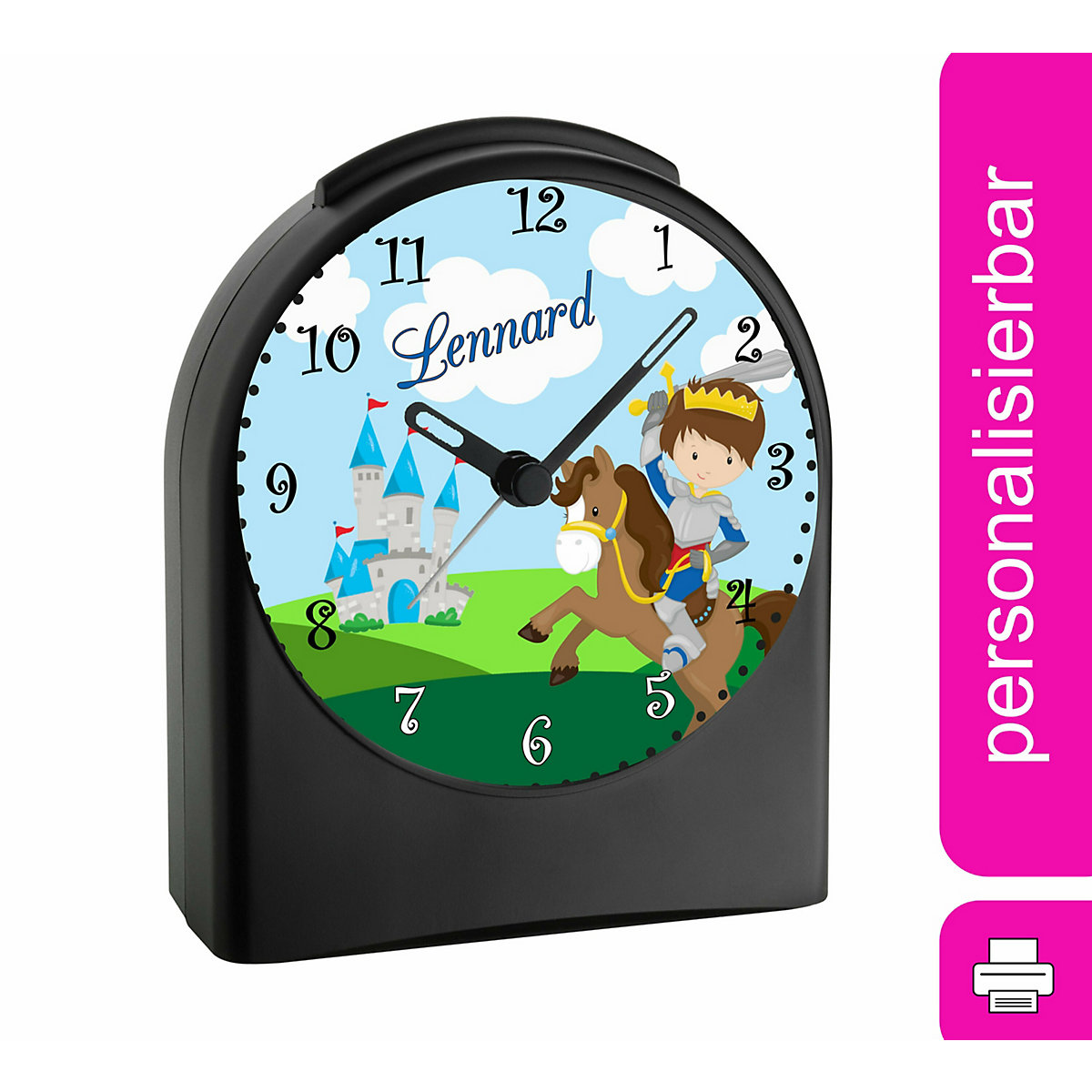 Kinder Funkwecker personalisiert mit Namen Ritter Atom-/Funkuhr, 12-Stunden-Anzeigeformat, Schlummerfunktion, Nachtlicht, Geräuschlos/Ohne Ticken