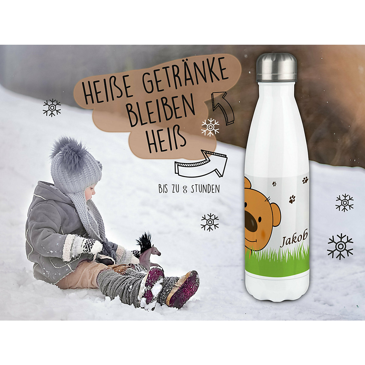 Edelstahl Kinder Thermoflasche / Trinkflasche bunt Teddy Bär-Graß Spülmaschinenfest, Auslaufsicher, Bruchfest, Doppelwandig, Für Heißgetränke geeignet, Mit Deckel, Isoliert
