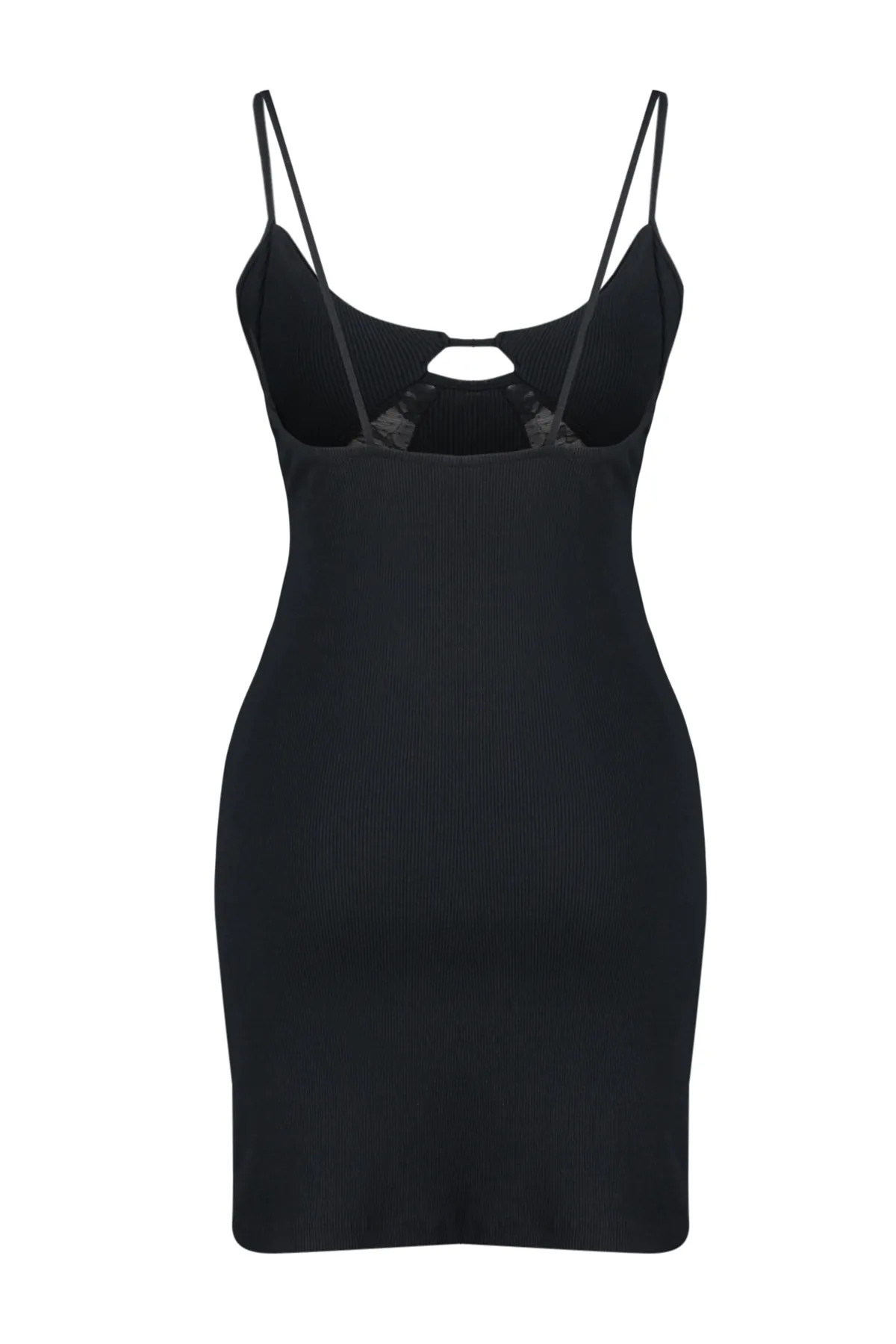 Trendyol Collection  Schwarzes Nachthemd aus geripptem Strick mit Spitzendetail, Schlitz und String-Trägern THMSS24GC00006