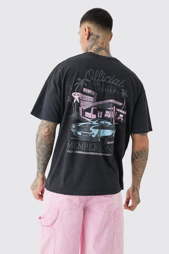 Tall graues Members Only Racer T-Shirt mit Acid-Waschung