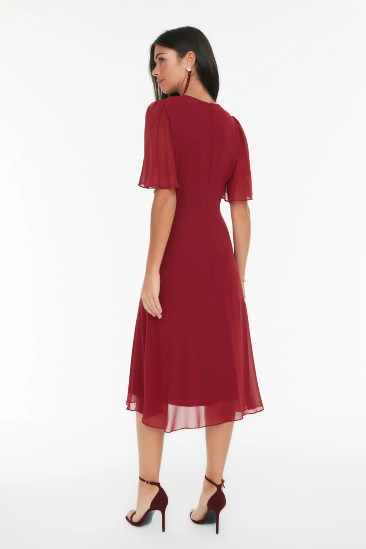 Trendyol Collection  Burgunderrotes A-Linien-Basic-Midi-Webkleid aus Chiffon TWOSS20EL0908