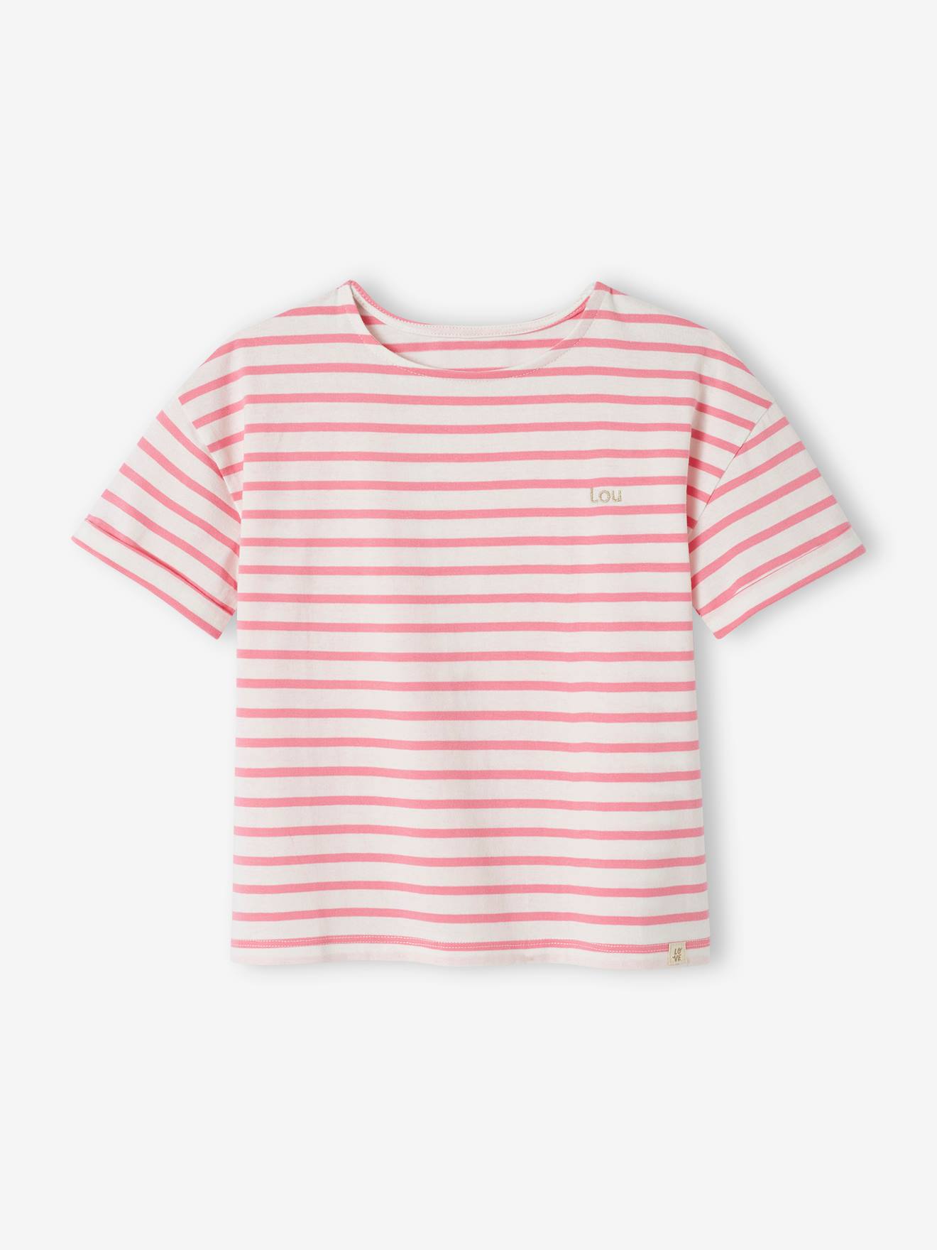 Vertbaudet Geringeltes Mädchen T-Shirt mit Recycling-Baumwolle, personalisierbar - rosa gestreift