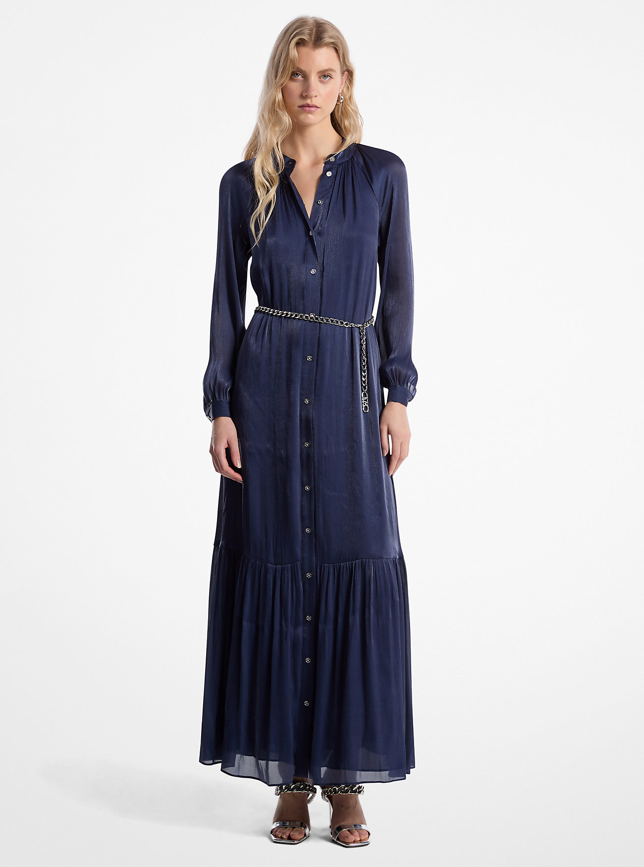 Abito caftano con cintura in georgette metallizzata stropicciata - BLU NOTTE