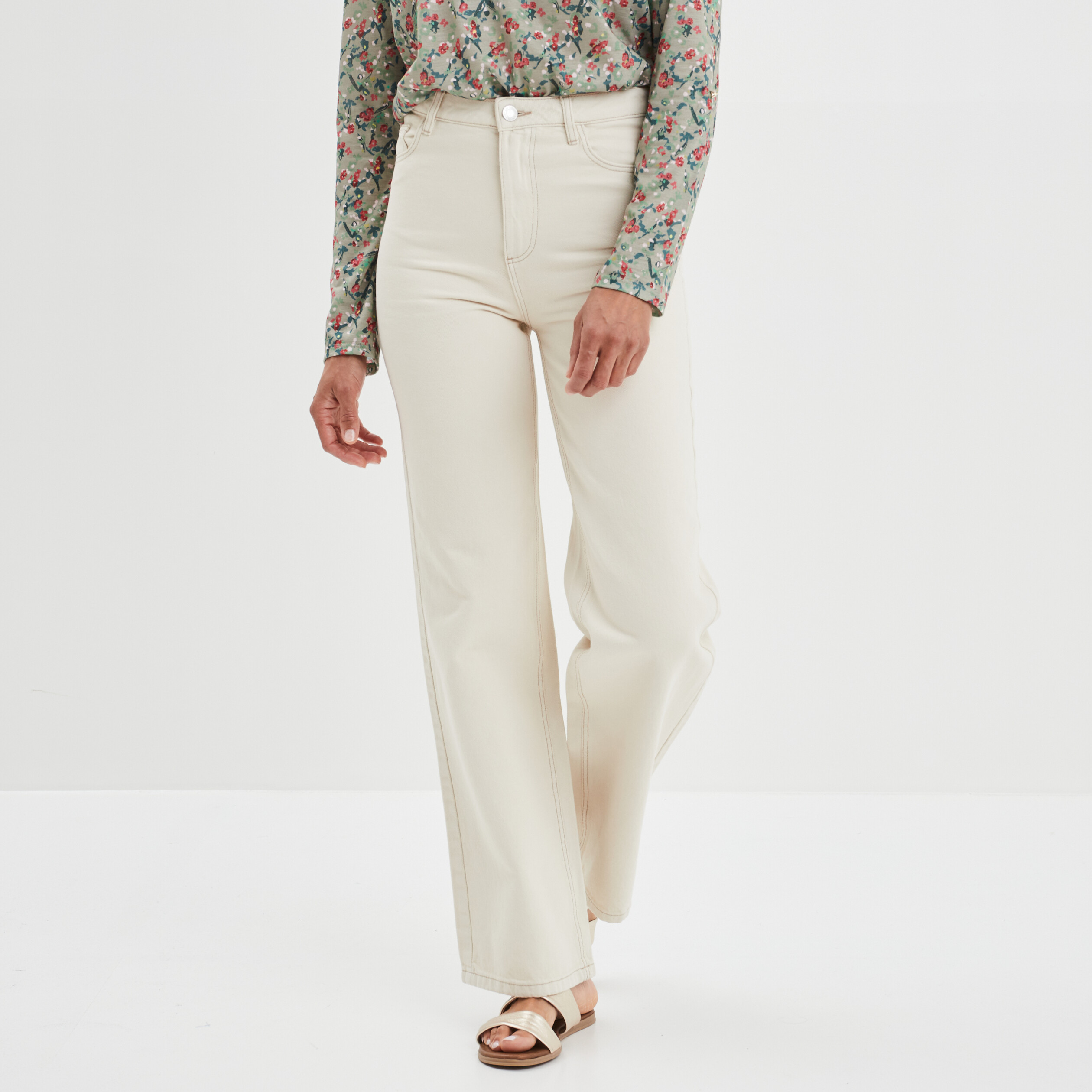 Jeans wide leg taille haute coton ecru femme | La Halle