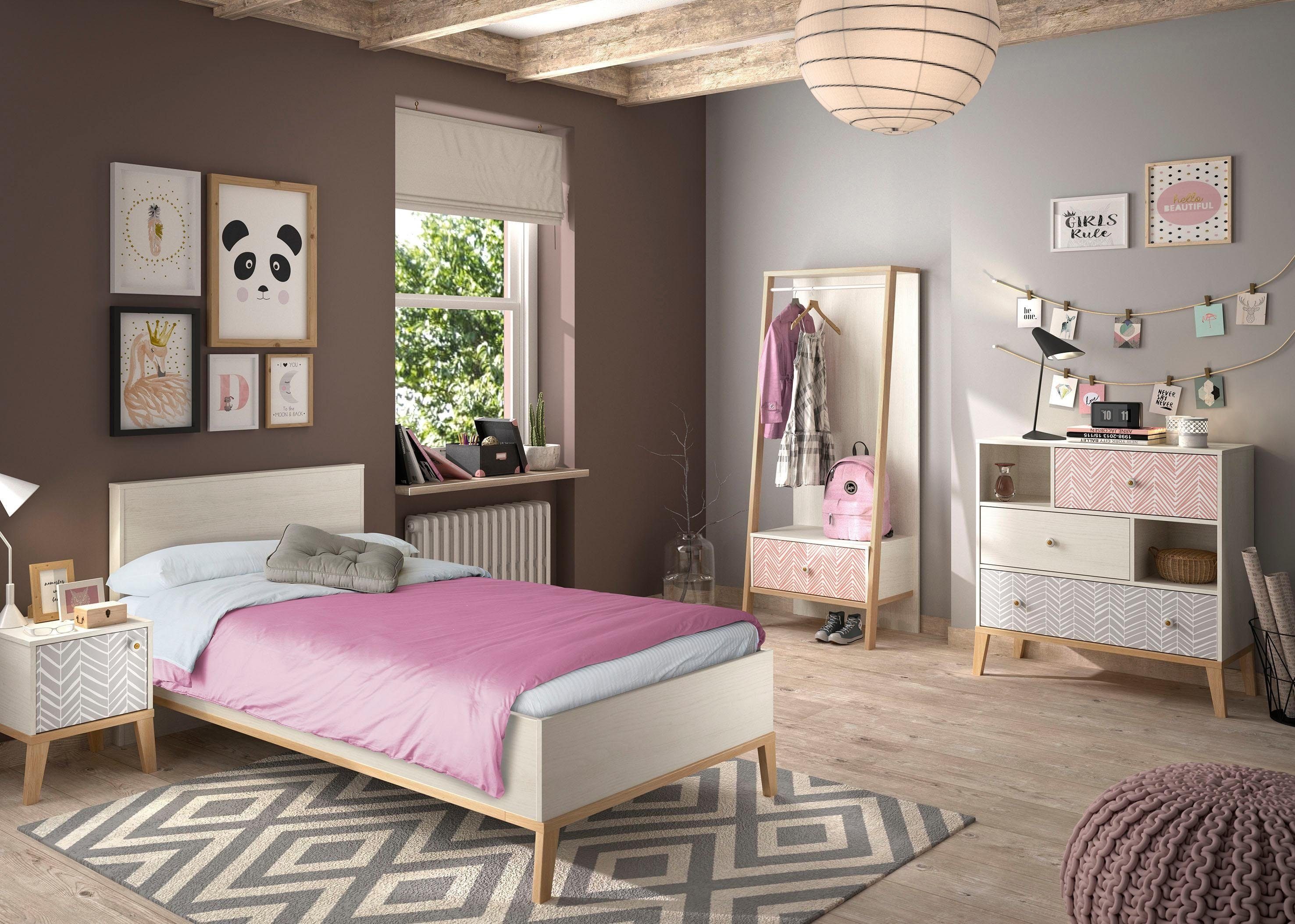 Gami Jugendzimmer-Set Alika, (Set, 4-St., Kleiderständer, Bett, Nachttisch, Kommode)