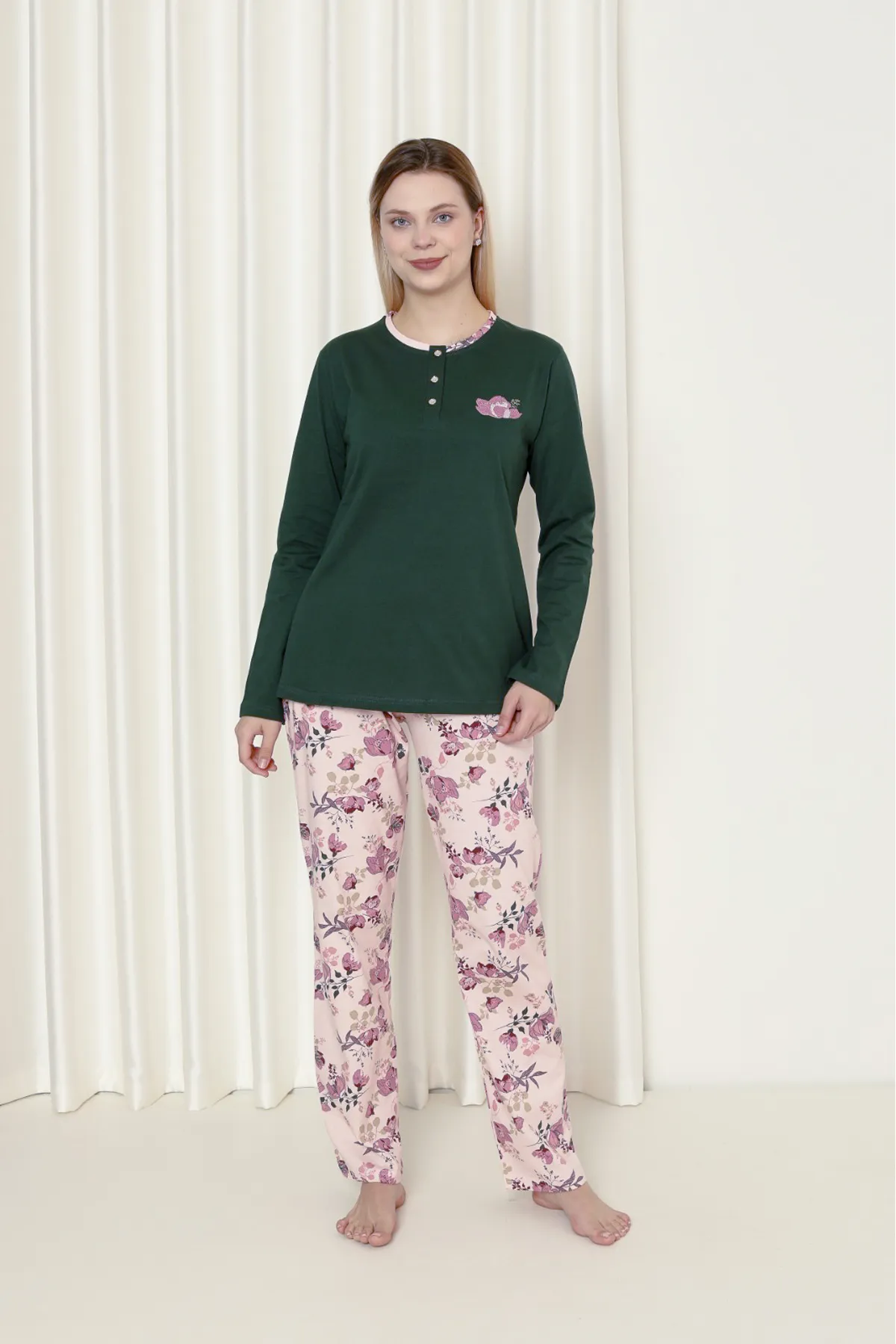 AHENGİM  Damen-Pyjama-Set für Damen, Single-Jersey, langärmelig, Blumenmuster, Baumwolle, saisonal, W20242241