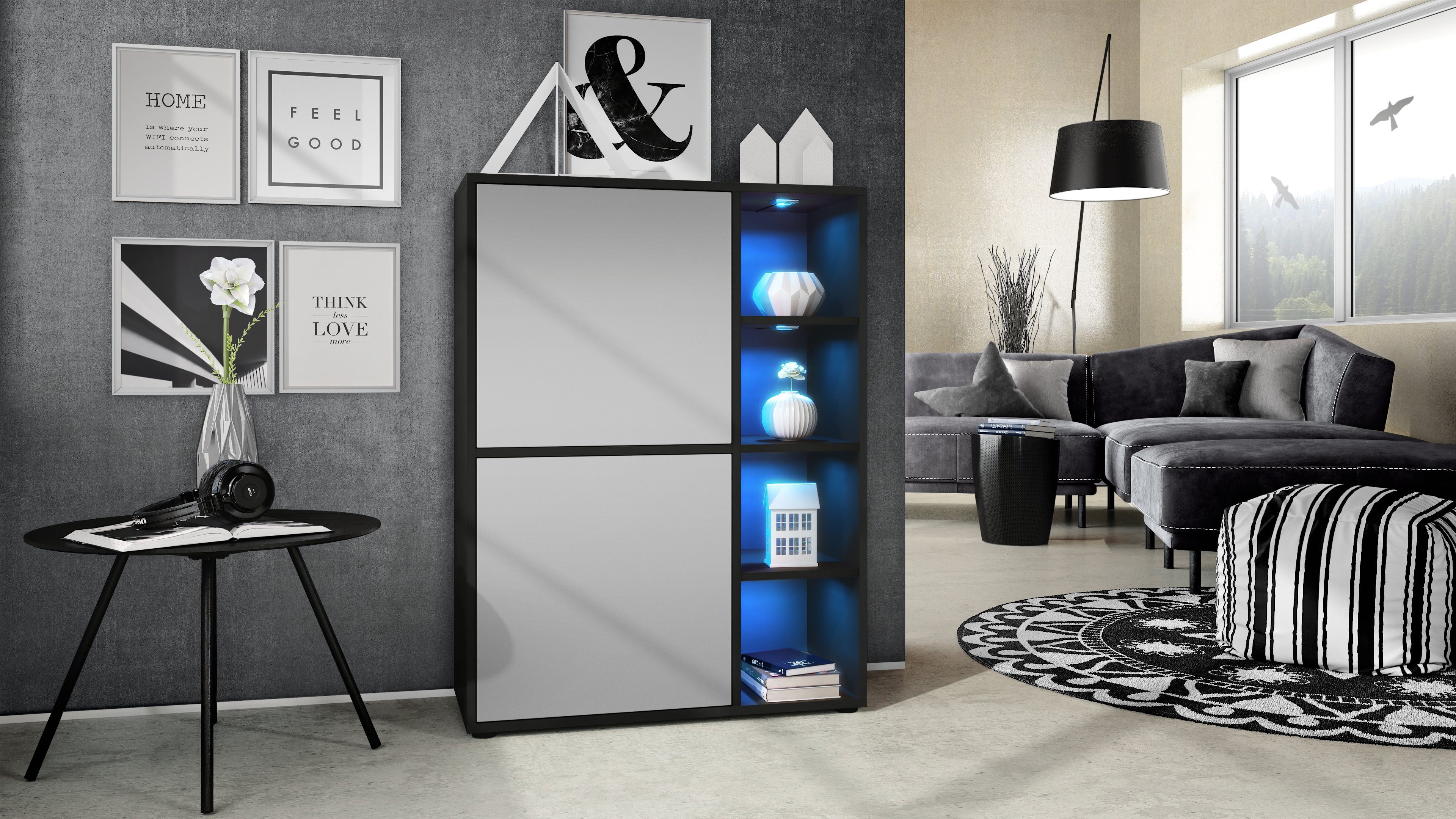 Vladon Highboard Cuba (Anrichte mit 2 Türen, und 4 offene Fächer inkl. RGB LED Beleuchtung), Schwarz matt/Hellgrau seidenmatt (79 x 105,5 x 35,5 cm)
