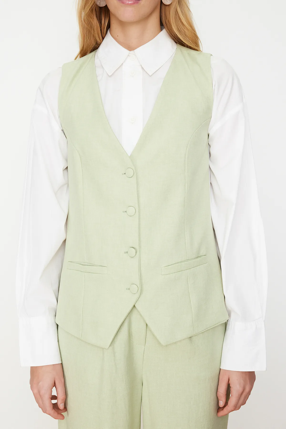 Trendyol Modest  Mintgrüner Leinen-Look, stilvolle Weste, Hose, gewebte Unterseite und Oberteil, Set TCTSS24US00014