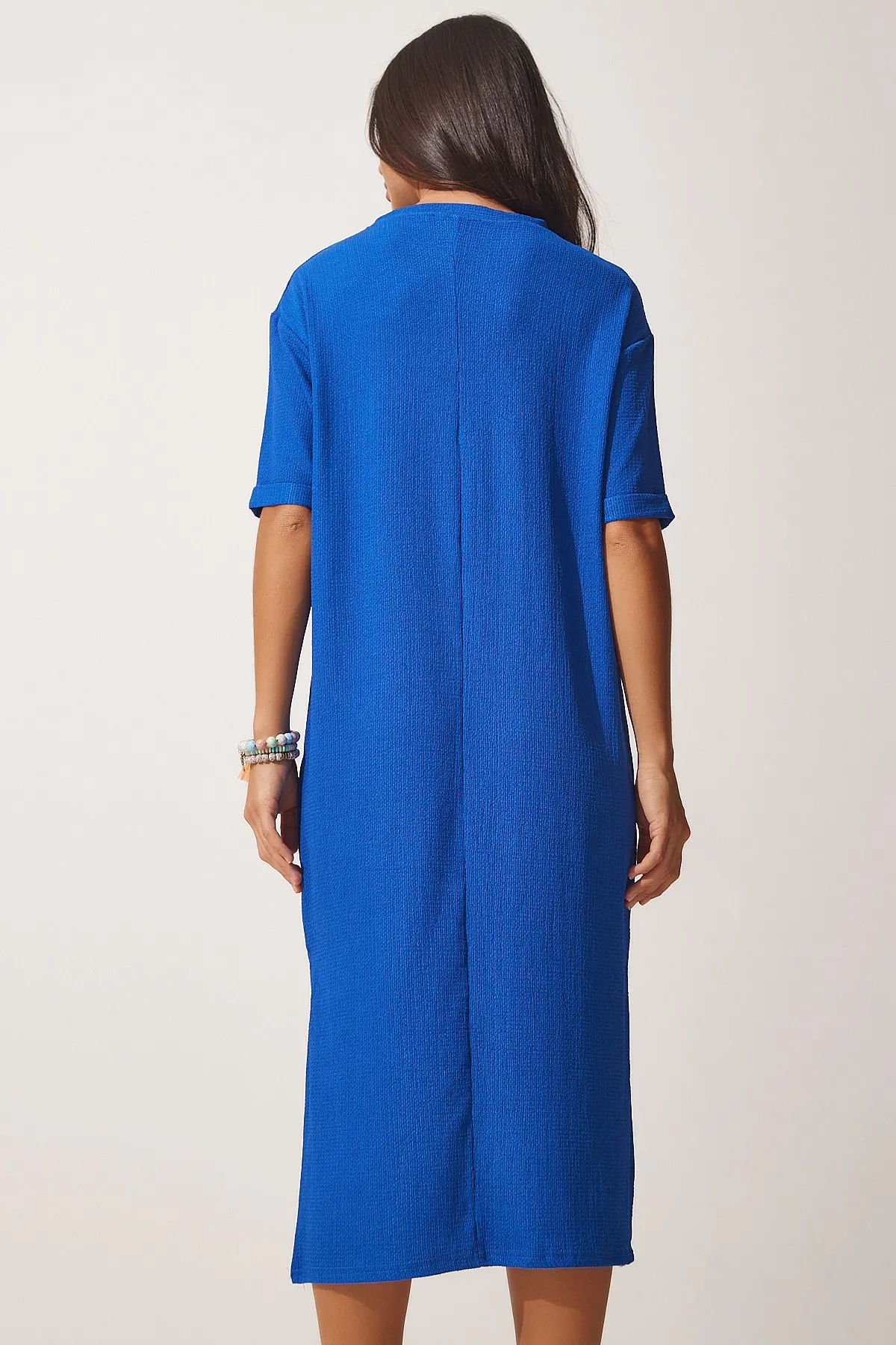 Happiness İstanbul  Blaues strukturiertes Daily Midi-Strickkleid für Damen LH00037