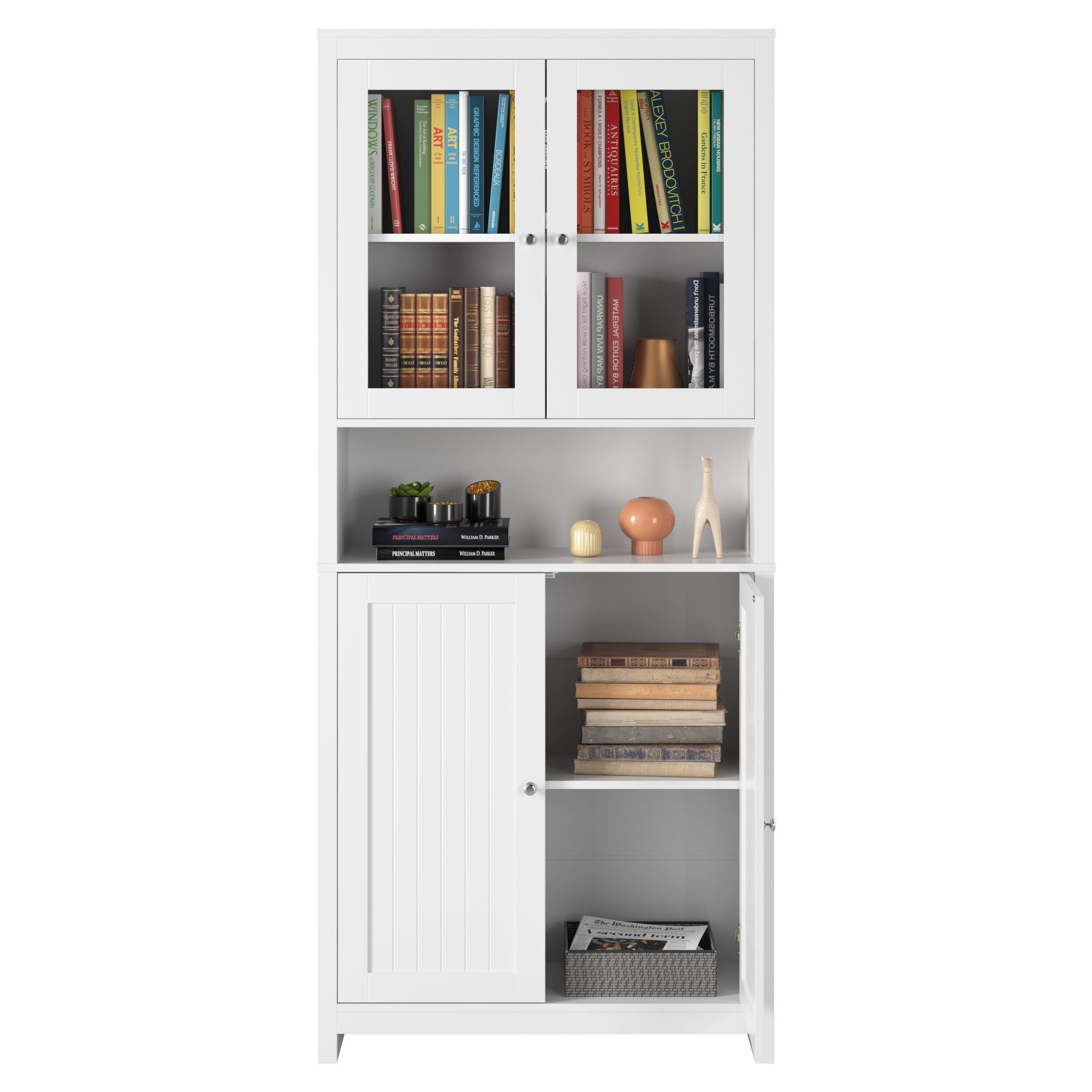 Homfa Hochschrank 190cm Vitrinenschrank, Bücherschrank mit 4 Türen, Buffet, Weiß