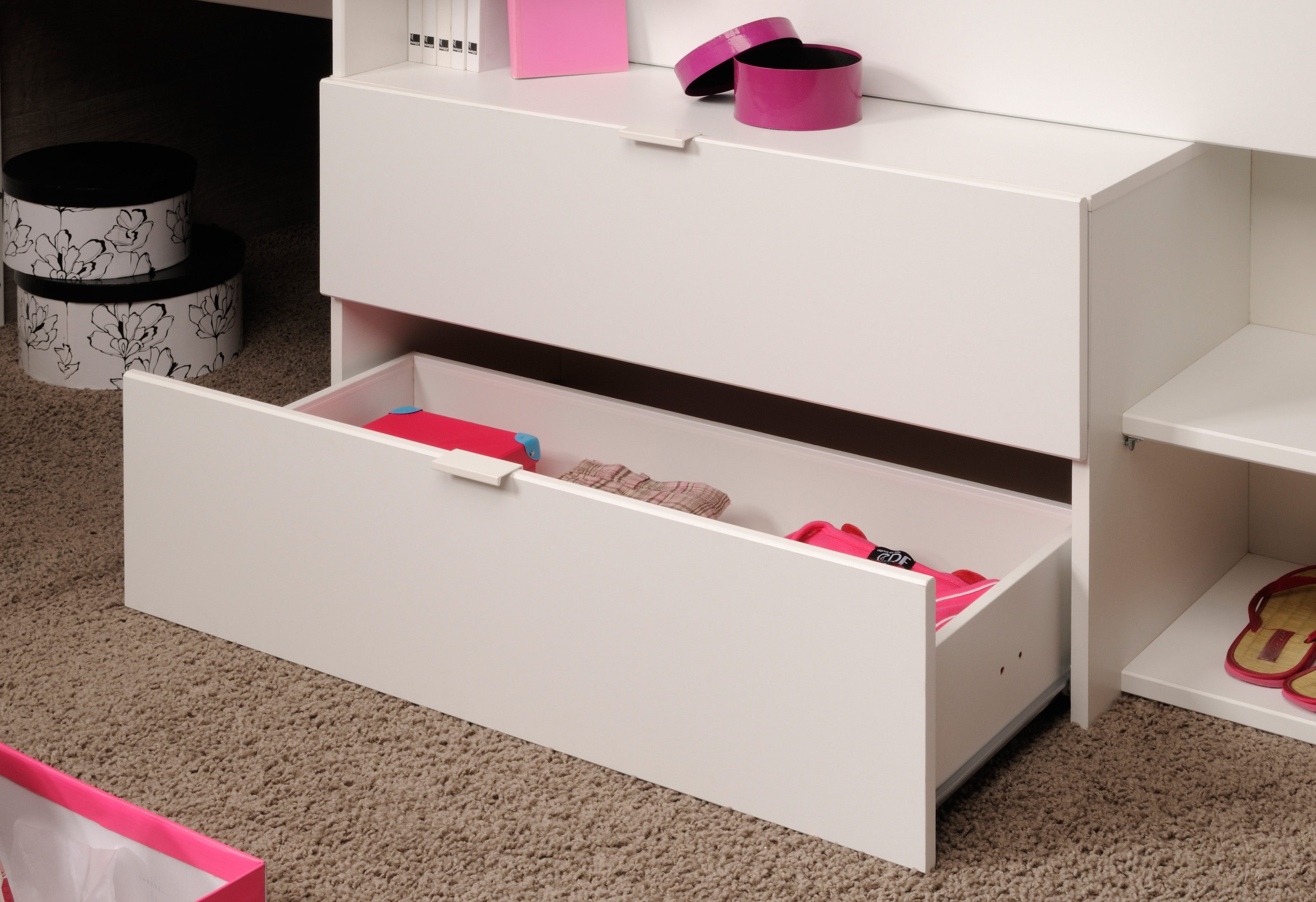 Parisot Hochbett Milky mit kleiner Arbeitsfläche und kleiner Kommode, extra Stauraum