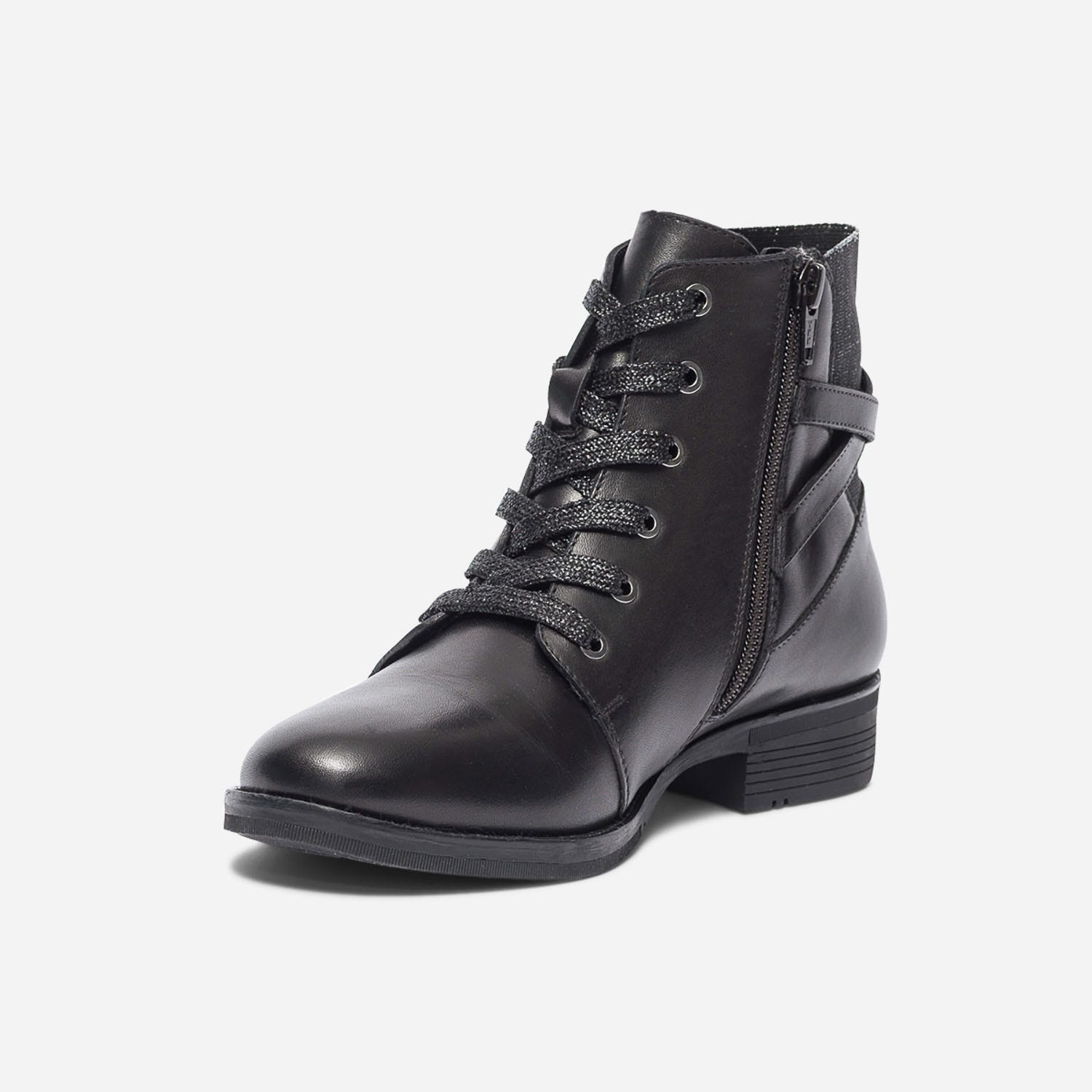 Bottine noire en cuir à élastique et lacet pailletés