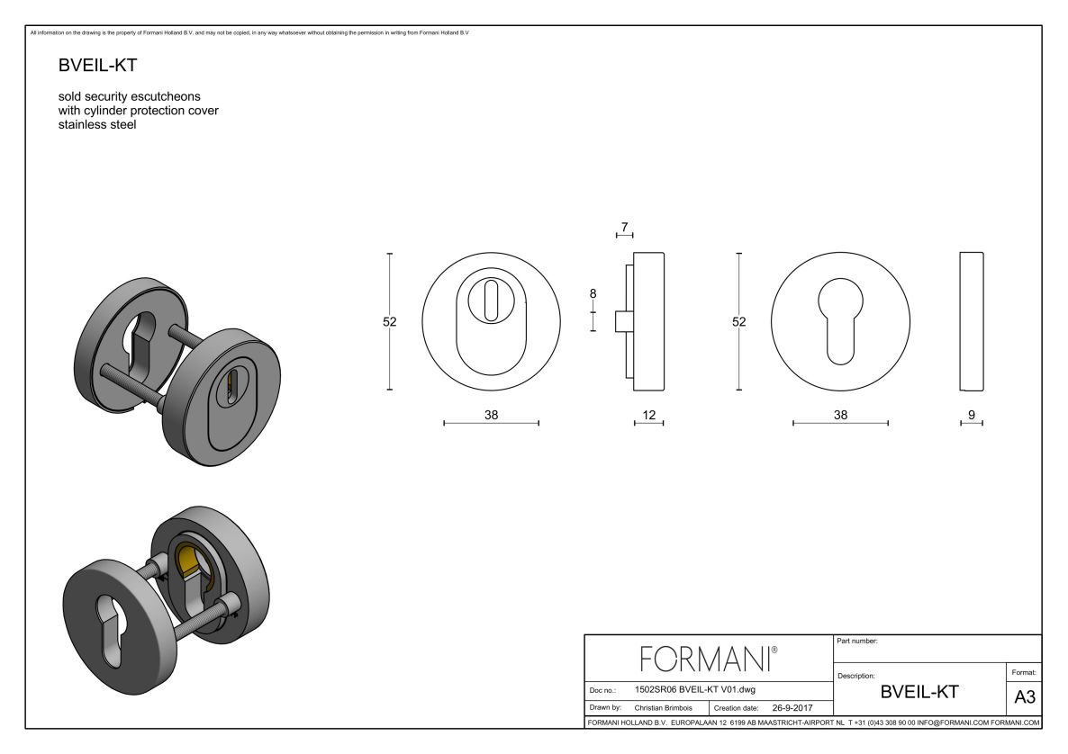Formani 1502SR06ICXX0 BASICS BVEIL-KT συμπαγής κυλινδρικός θυρεός ασφαλείας με προστασία έλξης πυρήνα SKG*** Ματ ανοξείδωτο ατσάλι PVD