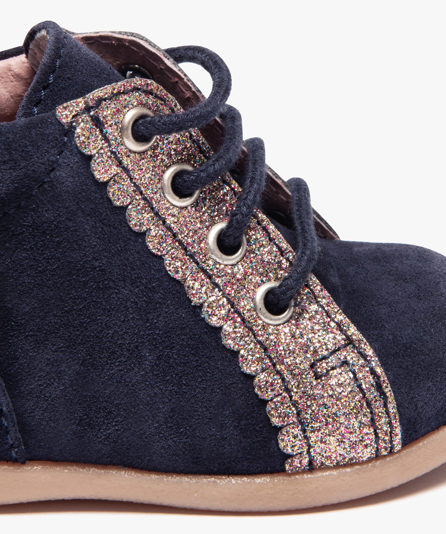Bottillons premiers pas fille en cuir suédé et paillettes marine | GEMO