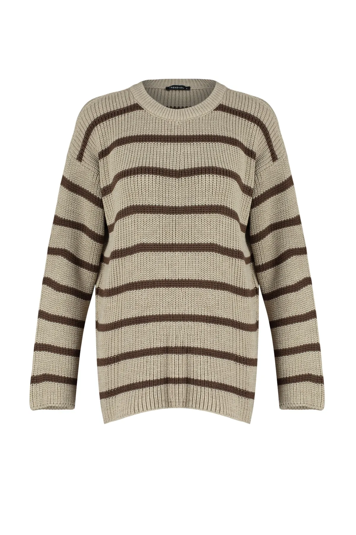 Trendyol Collection  Beiger Strickpullover mit Streifen in weiter Passform TWOAW23KZ00720