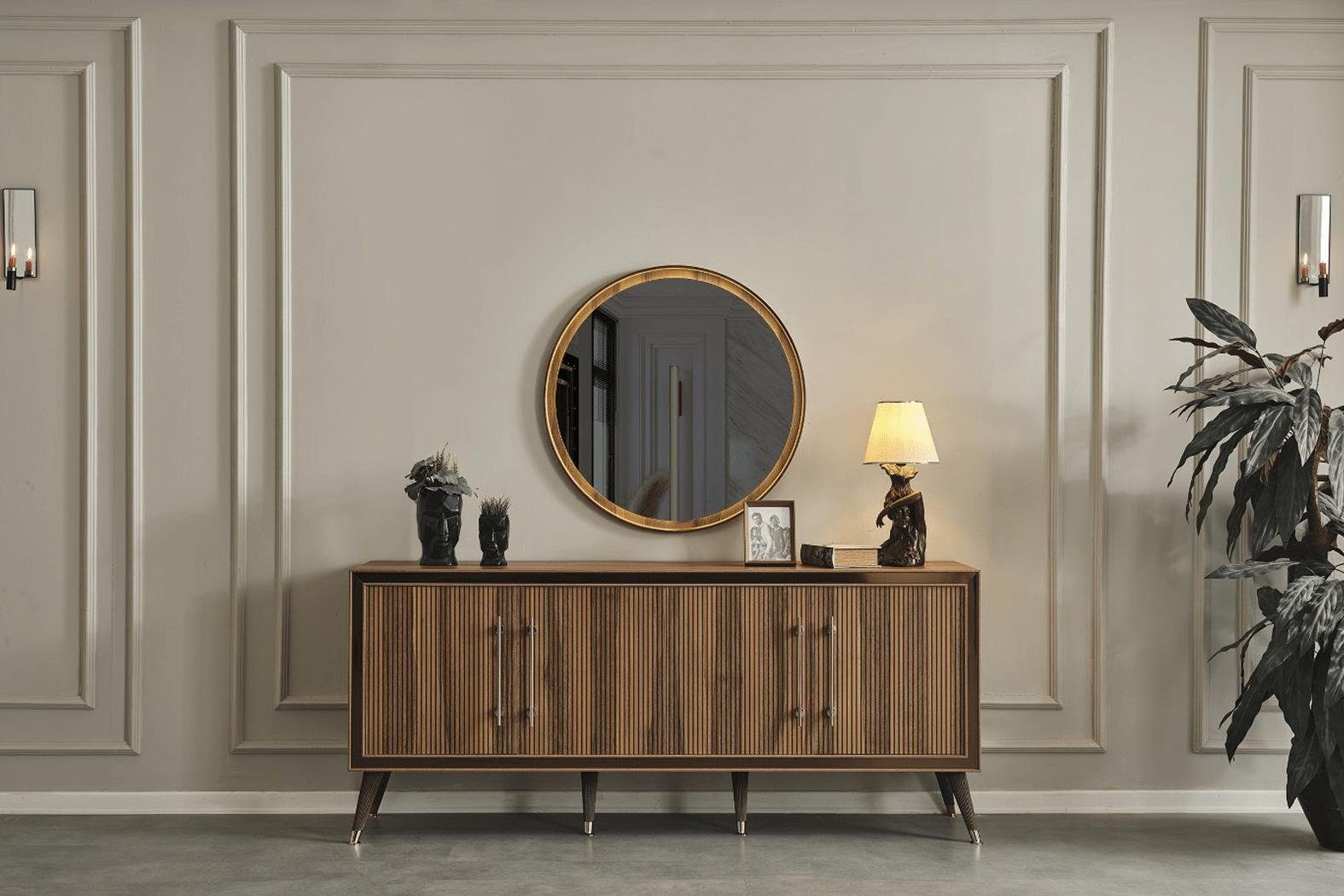 JVmoebel Esszimmer-Set Braunes Esszimmer Set Designer Esszimmergarnitur Esstisch Stühle, (9-St., Esstisch, 6x Stühle, Sideboard, Spiegel), Made in Europa