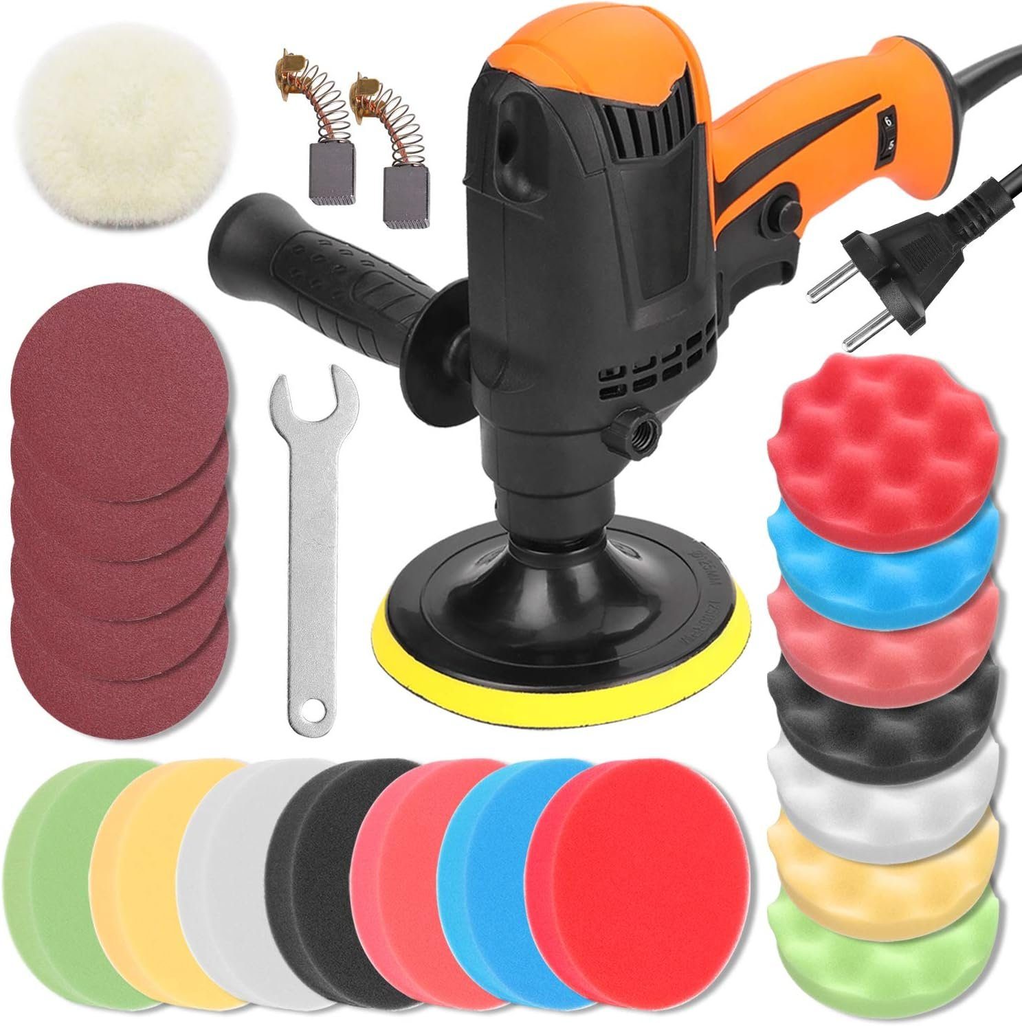 Yoyaxi Poliermaschine Mini-Polierset mit 980 W und 6 einstellbaren Stufen, (1 tlg), Auto- und Lackpolierset mit 14 Schwämmen und 11 Zubehörteilen