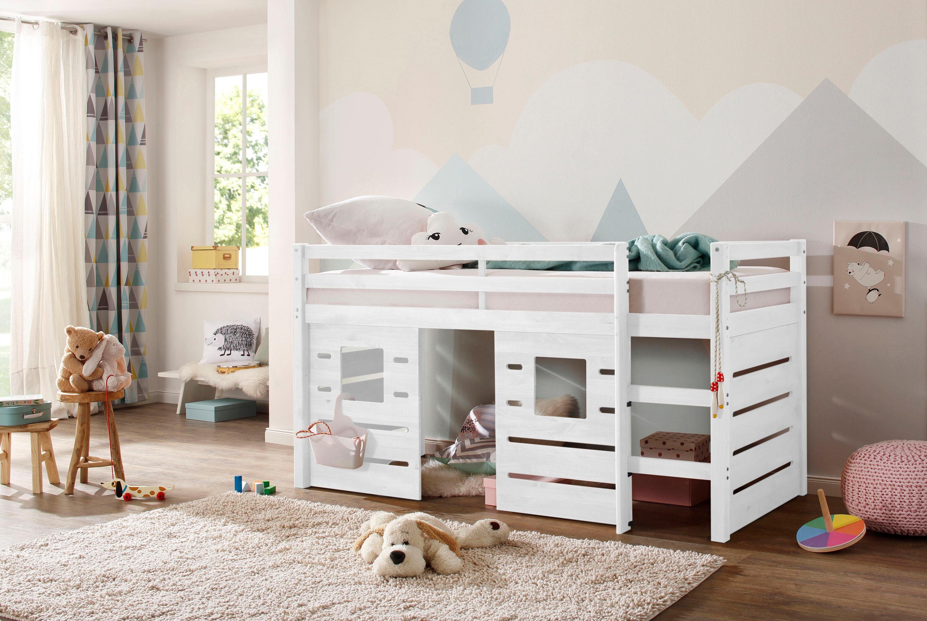 Lüttenhütt Hochbett Alpi aus Kiefernholz, inklusive Leiter und Panel, Außenmaßenbreite 103 cm