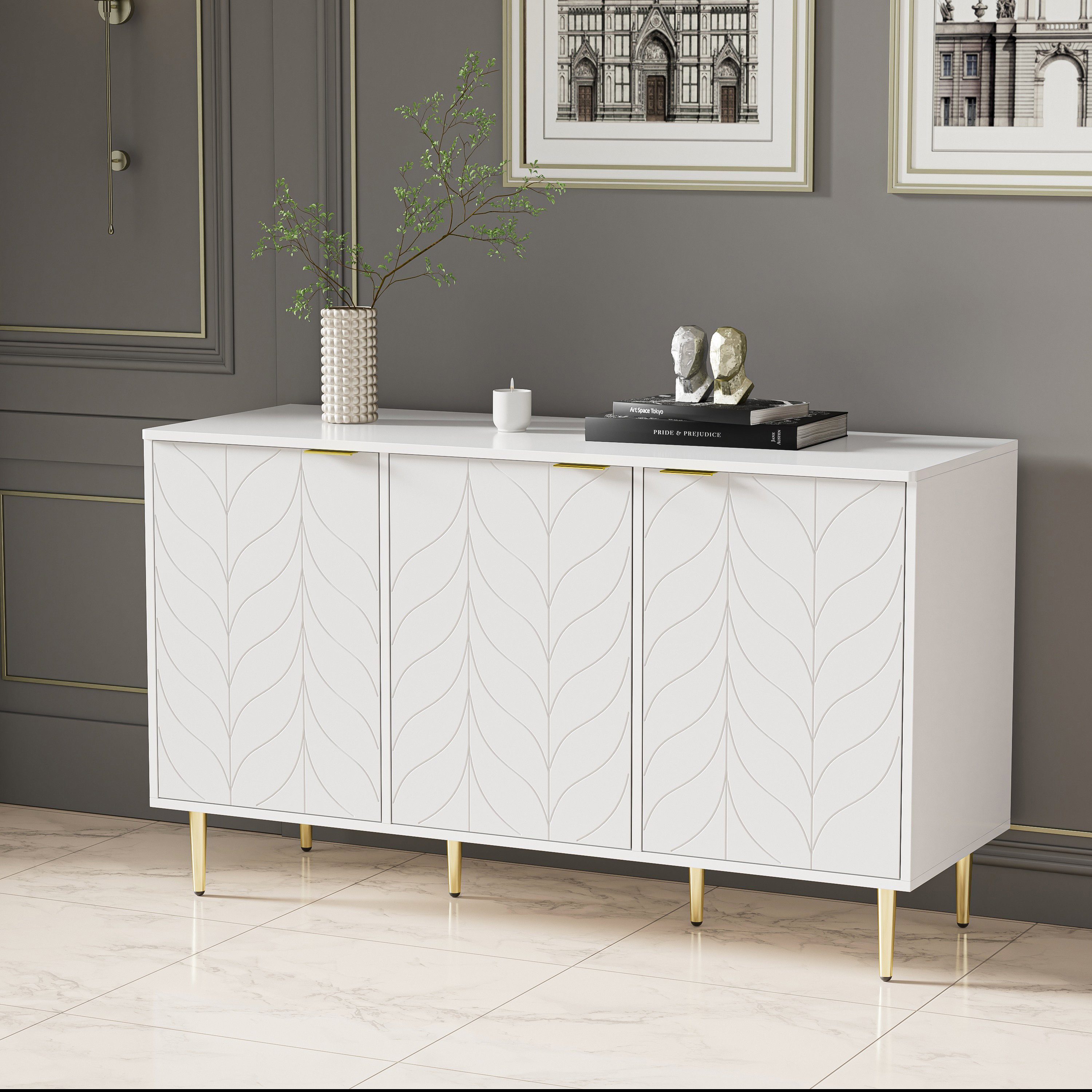 Fangqi Anrichte 127*45*75 modernes Sideboard,drei Türen mit sechs Fächern,Schließfach (set, Aufbewahrungsschrank mit vergoldeten Beinen und Griffen, lackiert, abgerundete Ecken, geeignet für Schlafzimmer, Wohnzimmer und Badezimmer, Büros, Multifunkti
