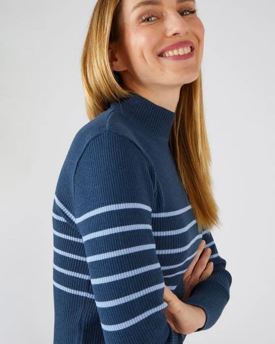 Pull col montant, 50% laine mérinos, uni et rayé
