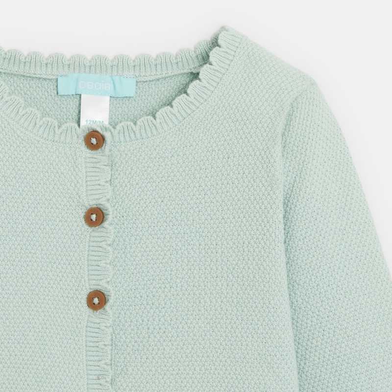 Gilet tricot maille fantaisie bords bourdon vert bébé fille