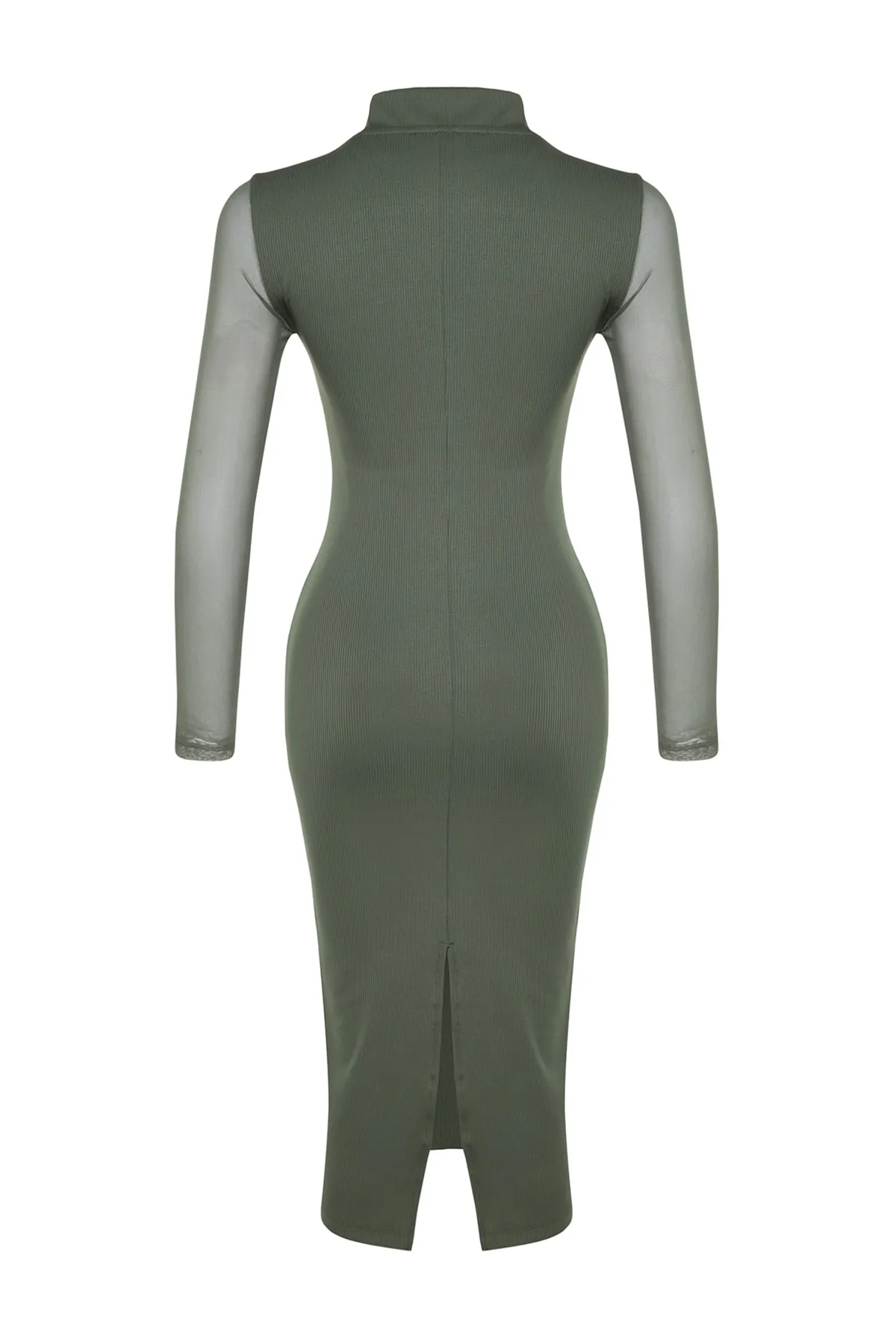 Trendyol Collection  Khakifarbenes, elegant geschnittenes Midi-Tüllkleid mit hohem Kragen und geripptem, flexiblem Strickkleid TWOAW24EL00177
