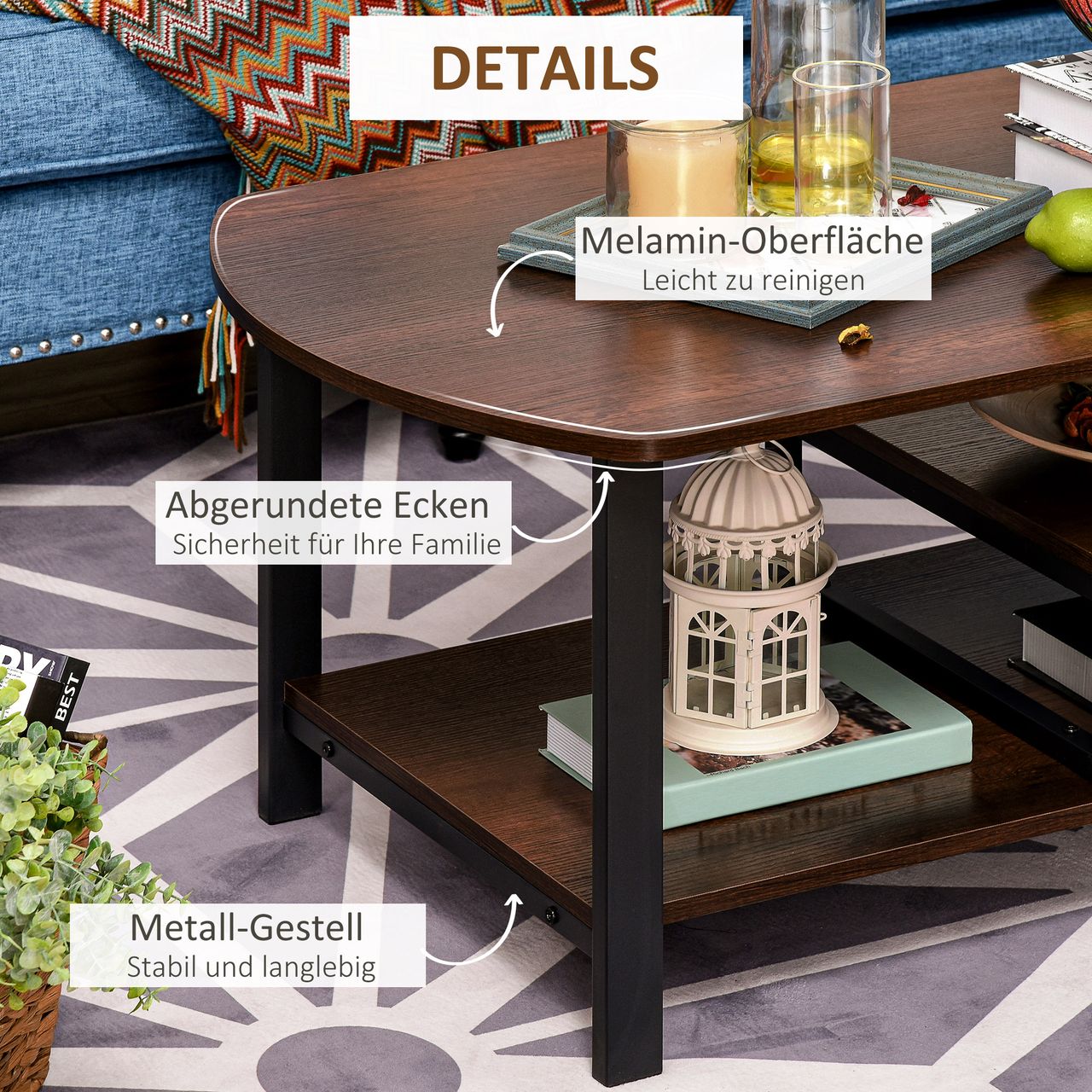 HOMCOM Couchtisch, Wohnzimmertisch Kaffeetisch mit Ablageflächen für Büro, Wohnzimmer, Schlafzimmer, industrieller Stil, E1 Spanplatte, Stahl, Braun, 100L x 60B x 46H cm