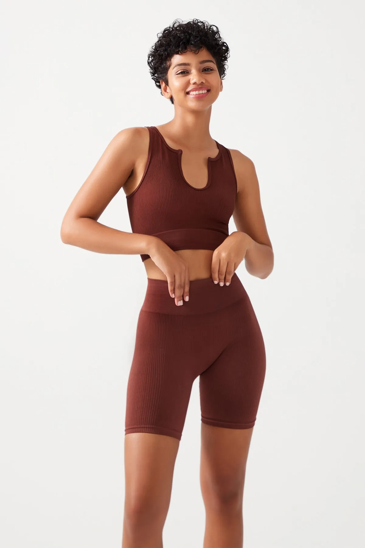 LOS OJOS  Braunes, geripptes, bauchfreies Bustier-Top mit U-Ausschnitt für Damen