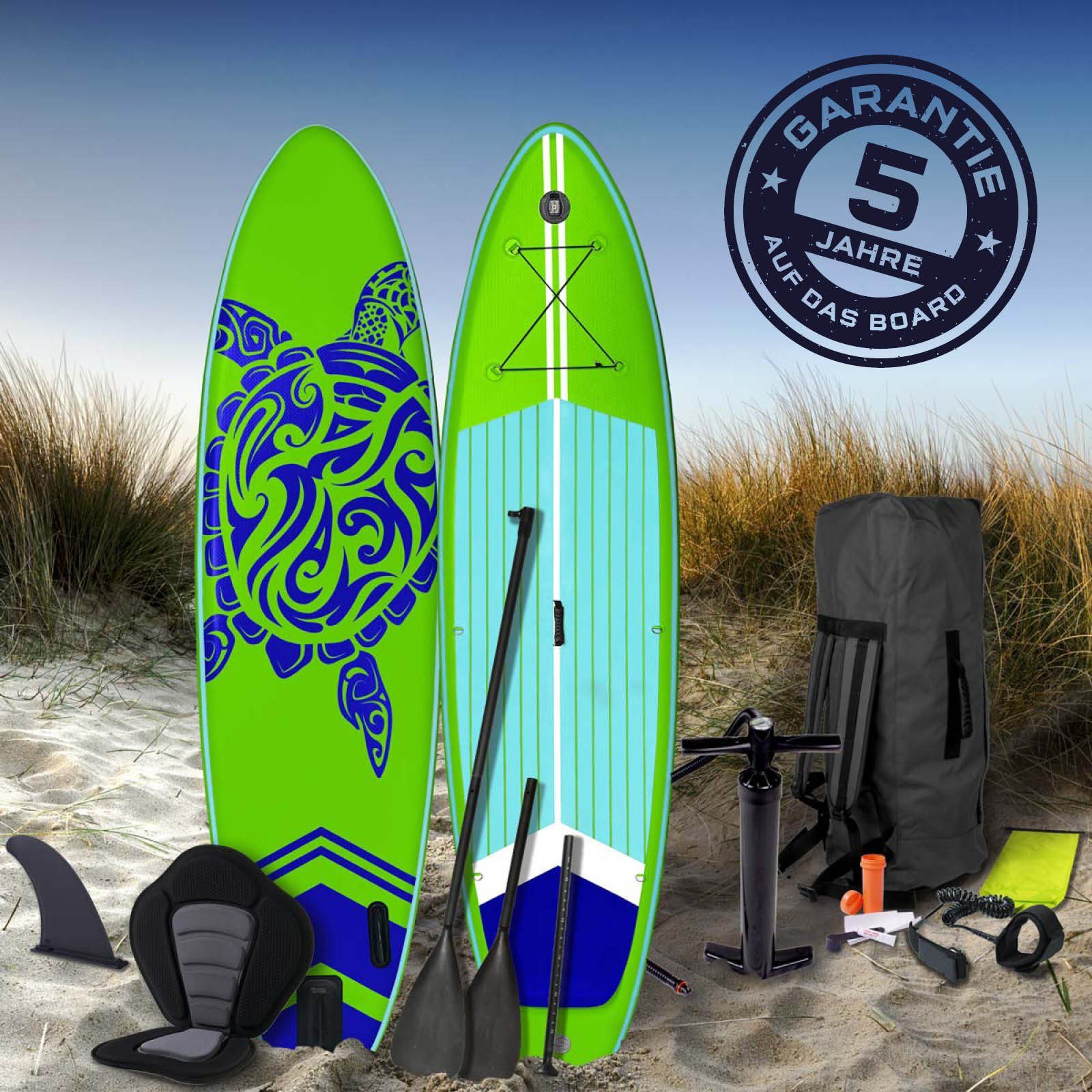 BRAST SUP-Board BRAST SUP Board SUPER Set Aufblasbares Stand up Paddle mit extra Zubehör 320x81x15cm Grün incl. Kajaksitz Kamerahalterung Paddel Fußschleife Rucksack Pumpe