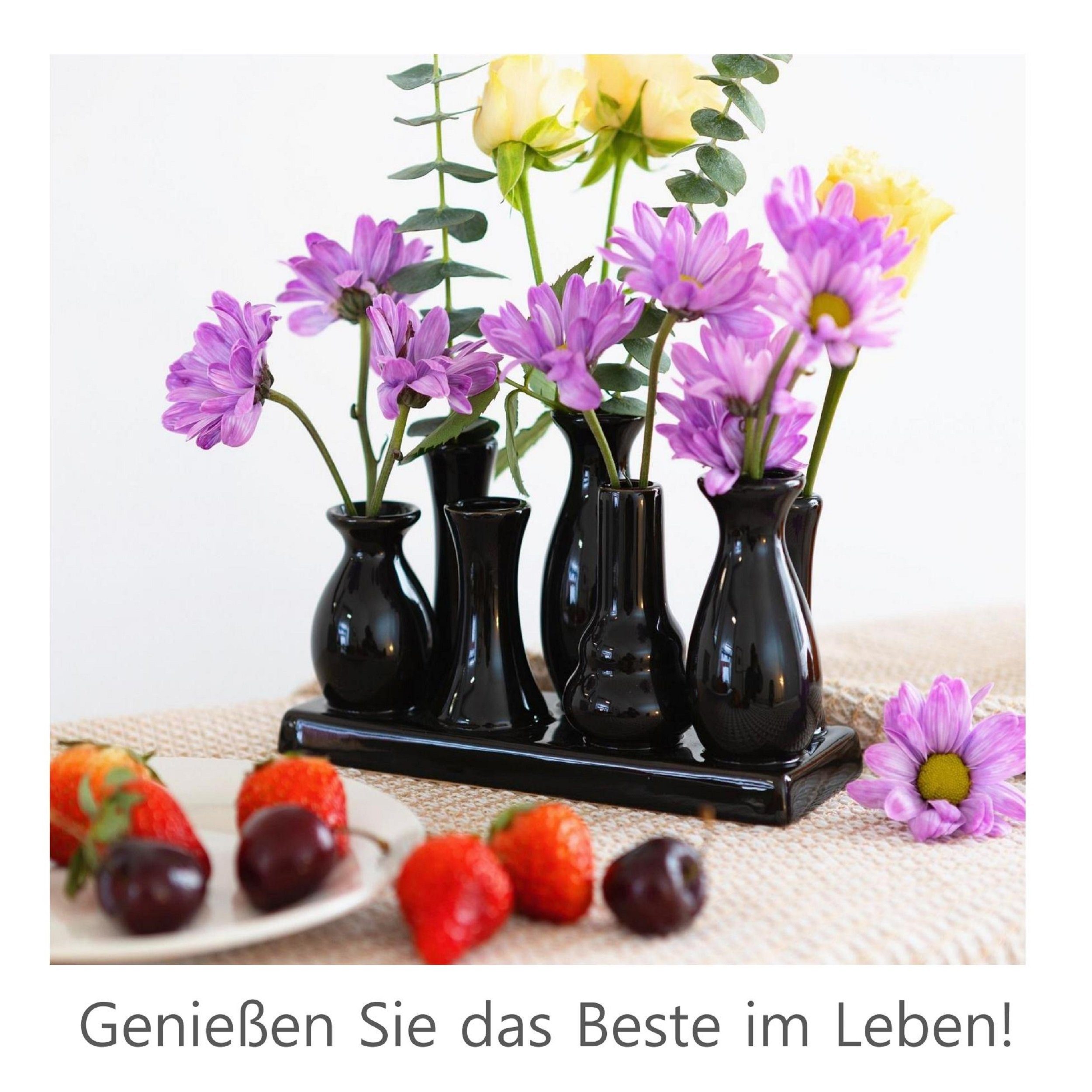 Jinfa Dekovase Handgefertigte kleine Keramik Deko Blumenvasen (7 Vasen Set schwarz), verbunden auf auf einem Tablett
