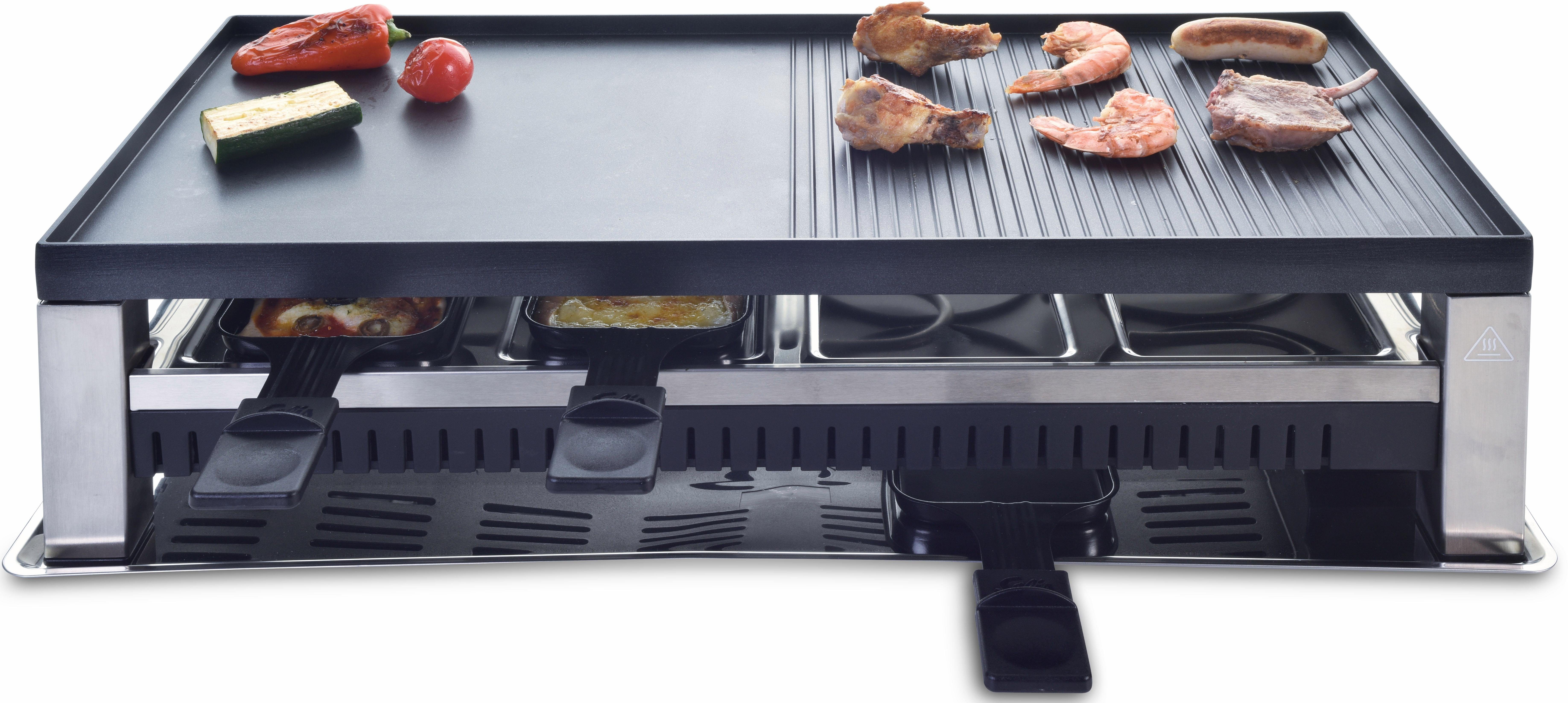 SOLIS OF SWITZERLAND Raclette Typ 791, 8 Raclettepfännchen, 1400 W, 5in1: Raclette, Tischgrill, Crépe, Mini Wok, Pizza