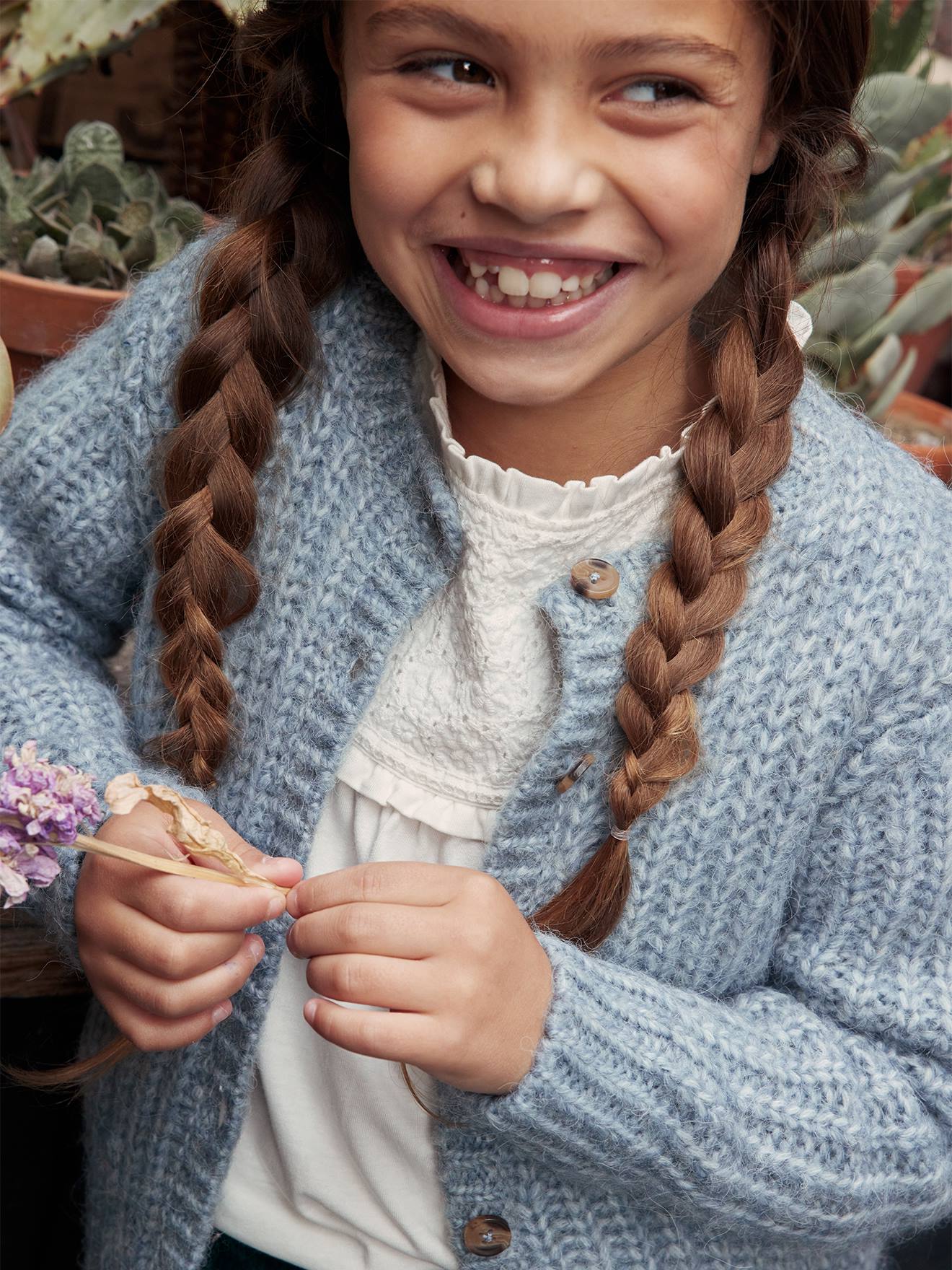 Gilet loose en maille mousseuse fille bleu pétrole
