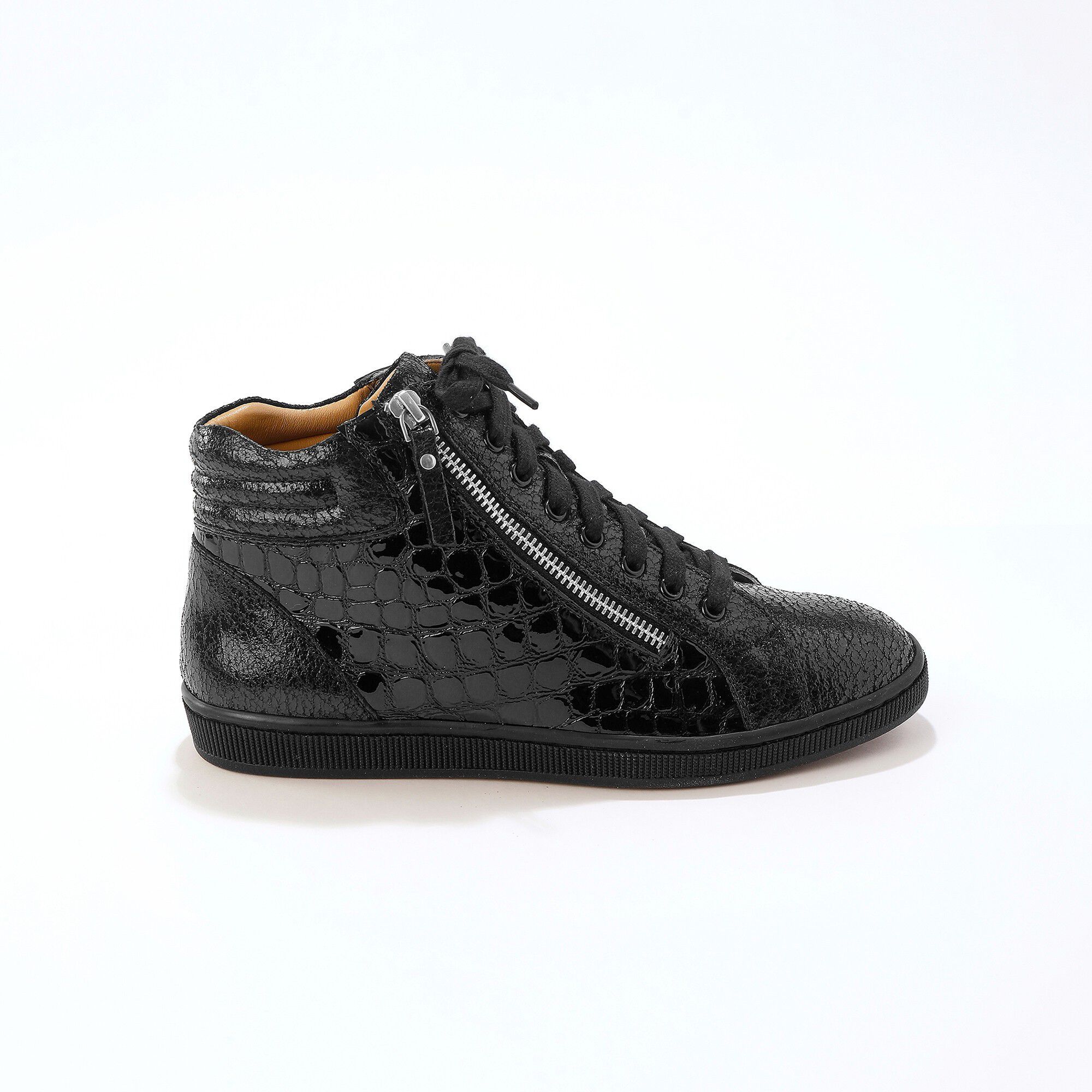 Basket montantes zippées en cuir souple effet croco