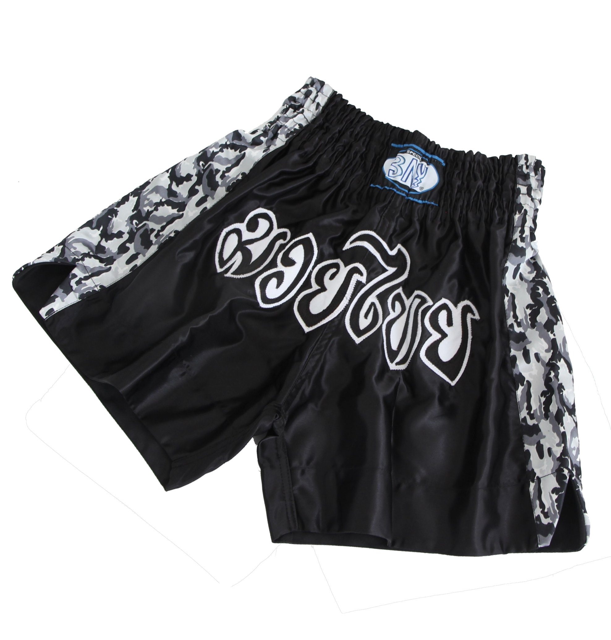 BAY-Sports Sporthose Muay Thai Kick Hose Shorts Thaiboxhose Thaiboxen MMA kurz Kickboxen (MMA, Krav Maga, XXS - XXL, traditionell mit aufgenähter Thai Schrift) Modell Remy