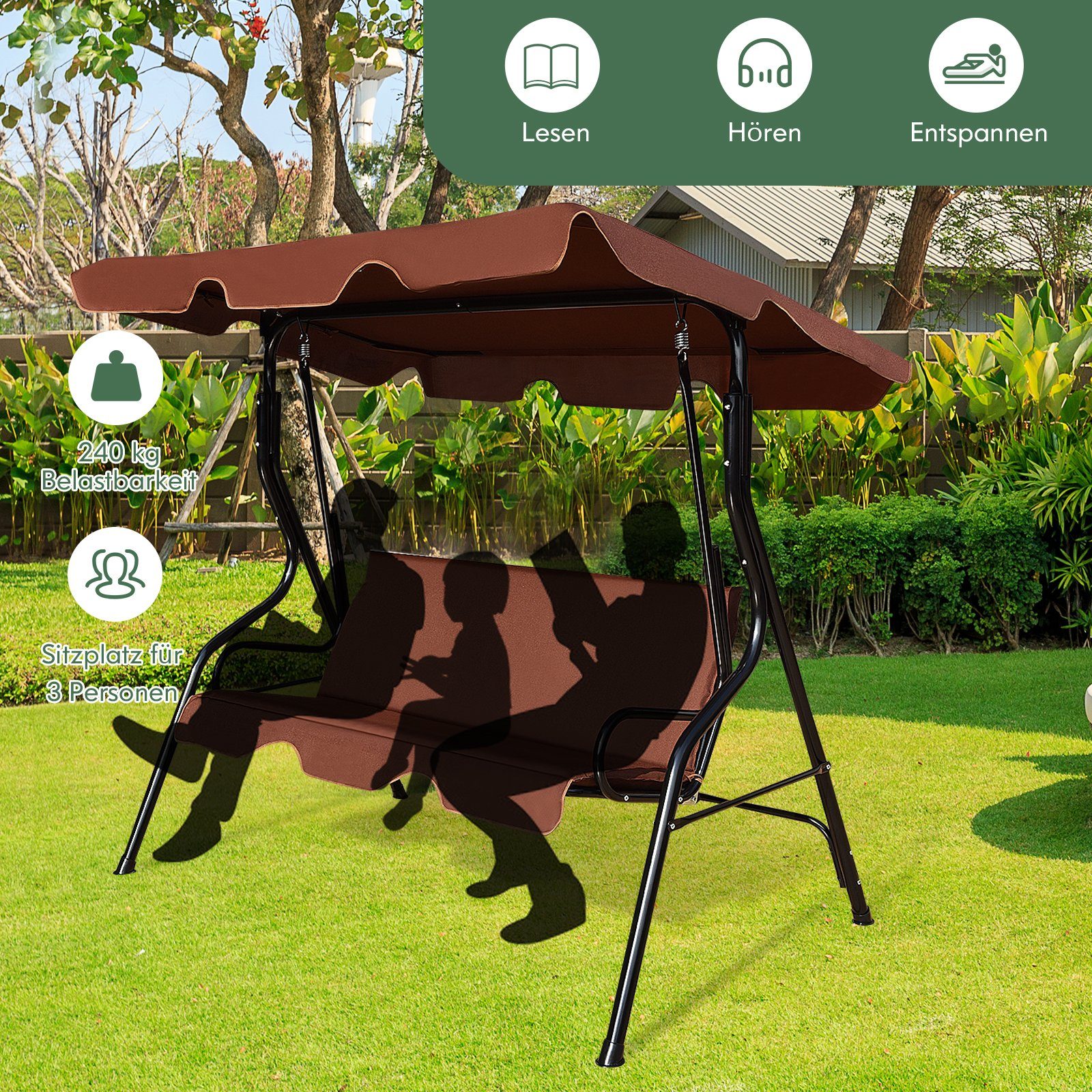 COSTWAY Hollywoodschaukel Gartenbank, 3-Sitzer, mit Sonnendach, bis 210 kg