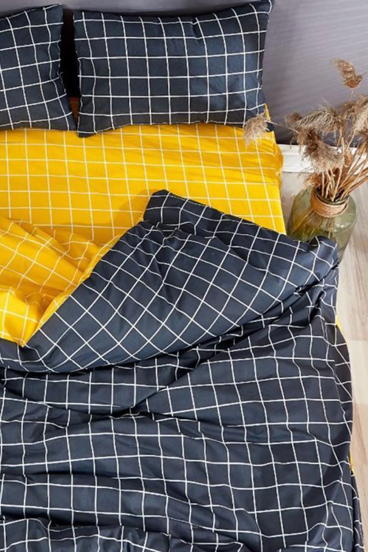 Çeyiz Diyarı  Pari Doppelbett-Bettbezug-Set, Grau, Gelb