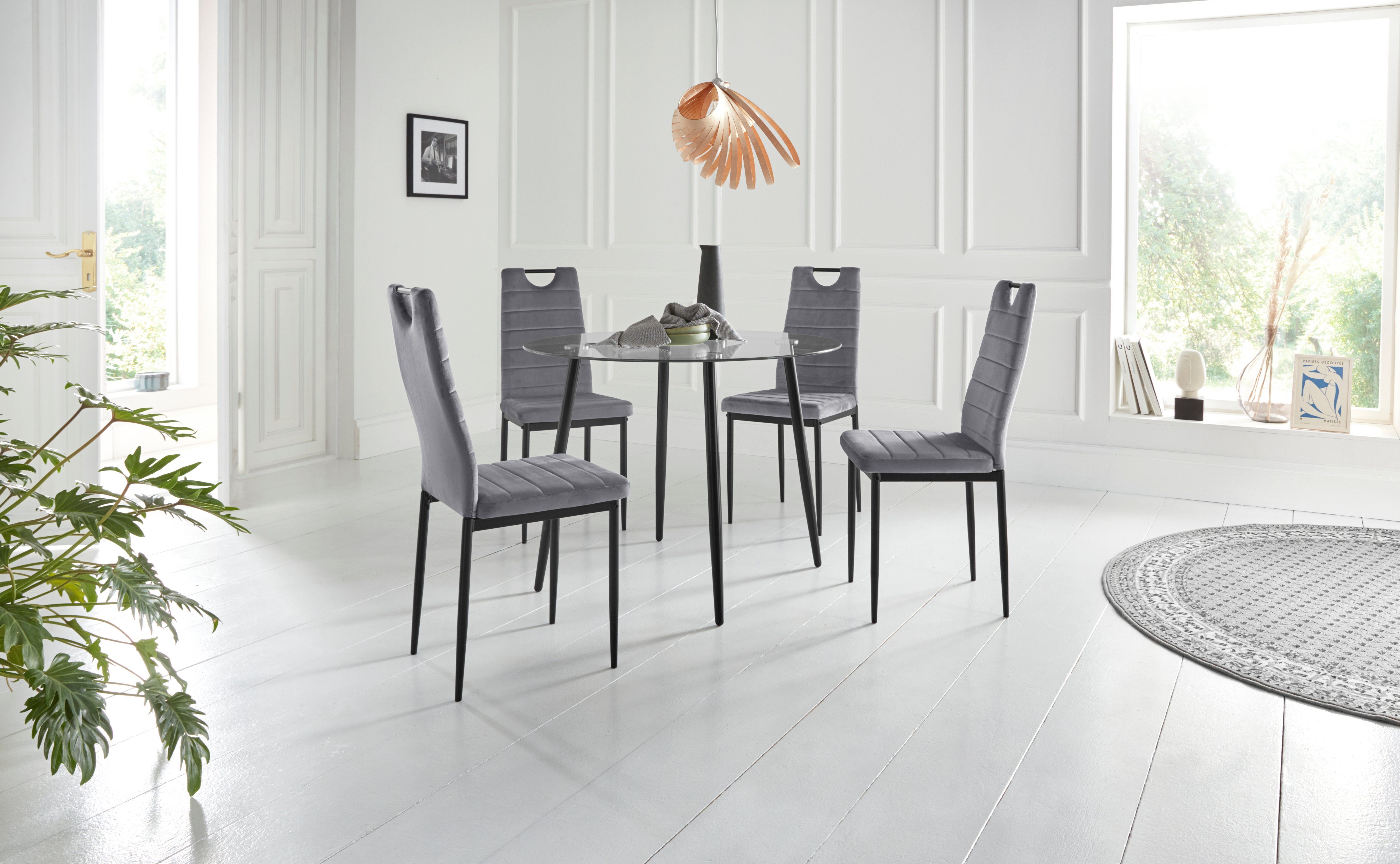 INOSIGN Essgruppe, (Set, 5-tlg), runder Glastisch, Ø 100 cm und 4 Esszimmerstühlen, Bezug aus Samtstoff