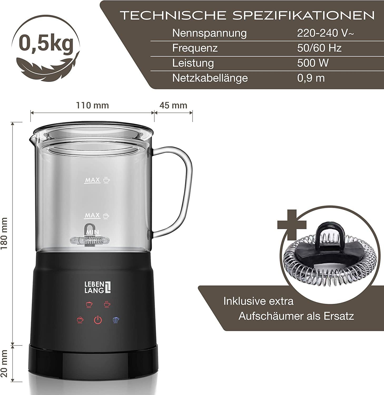 Lebenlang Milchaufschäumer Glas Milchaufschäumer elektrisch 4 Modi Milch aufschäumen elektrischer, 500,00 W