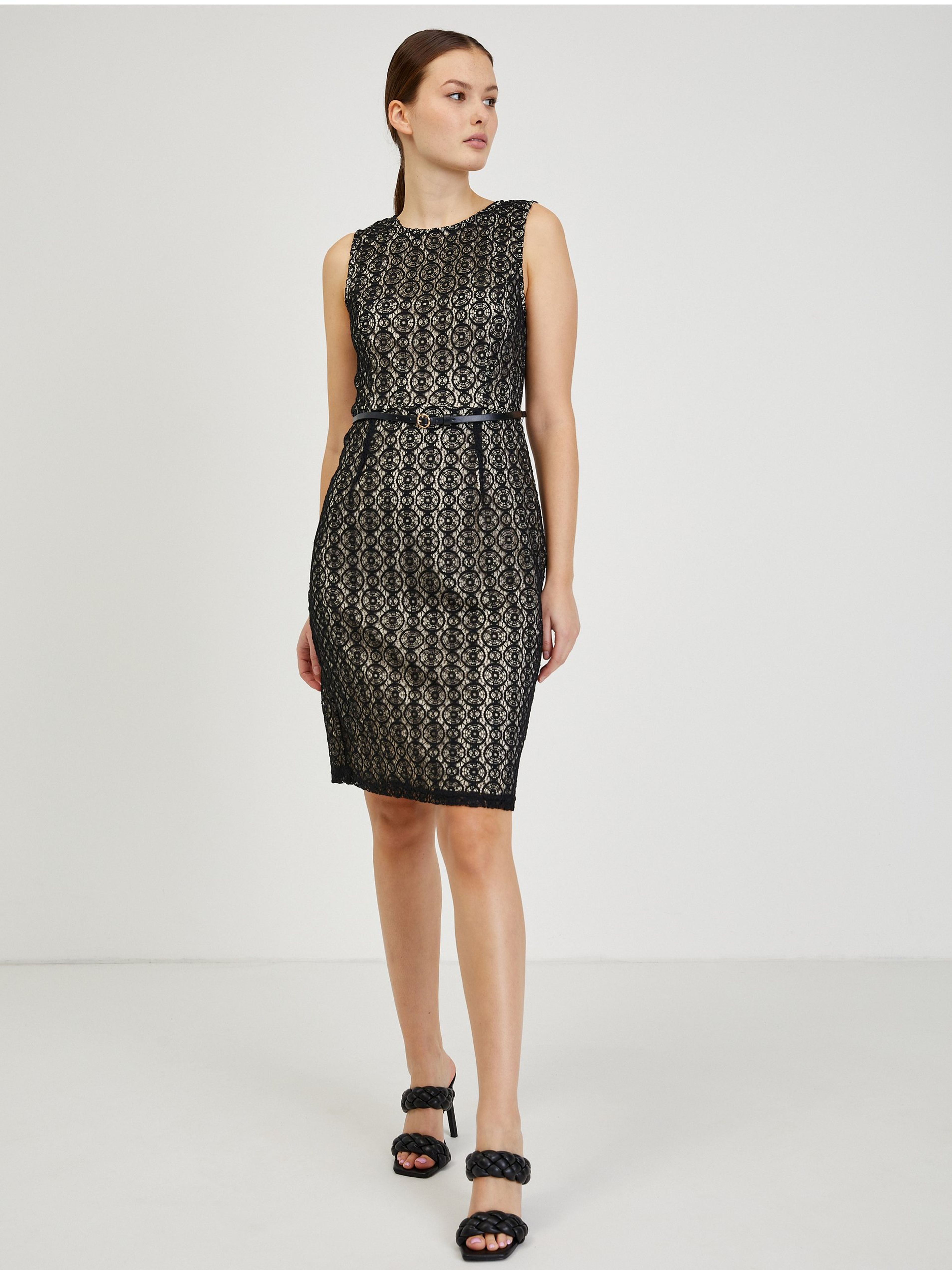 Beige-schwarzes Damen Etuikleid mit Gürtel ORSAY