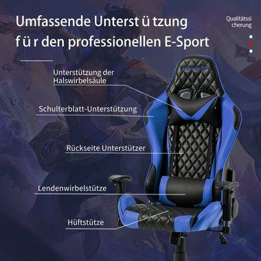 IKIDO Gaming-Stuhl Ergonomischer Spielestuhl (Professioneller Gamingstuhl), Verstellbare Rückenlehne, Ergonomischer Rahmen, Stoßdämpfendes Kissen