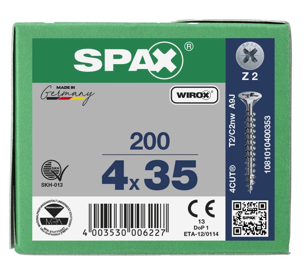 SPAX 1081010400353 Universalschraube 4 x 35 mm, Vollgewinde, Senkkopf, Kreuzschlitz Z2 – 200 Stück