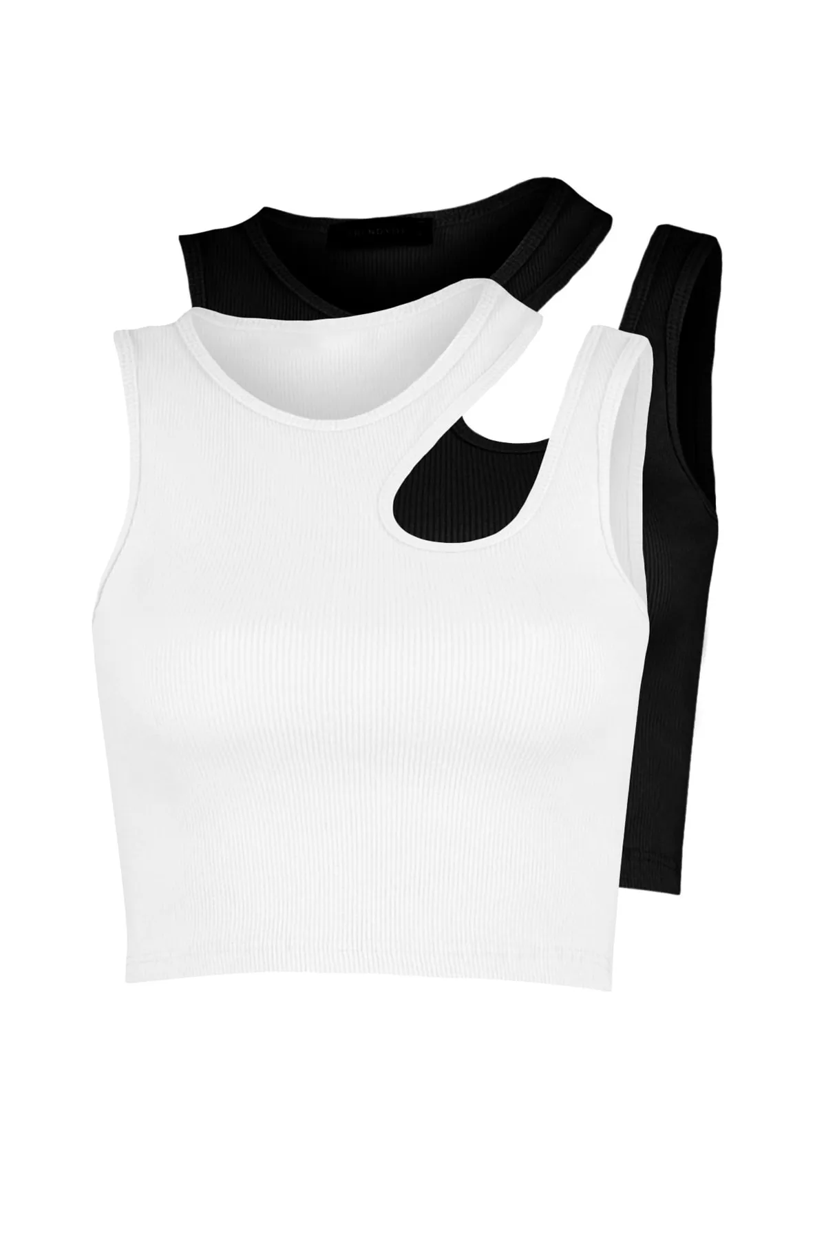 Trendyol Collection  Schwarz-weißes 2er-Pack tailliertes, kurzes, geripptes, flexibles Strick-Tanktop mit Cut-Outs TWOSS23AL00006