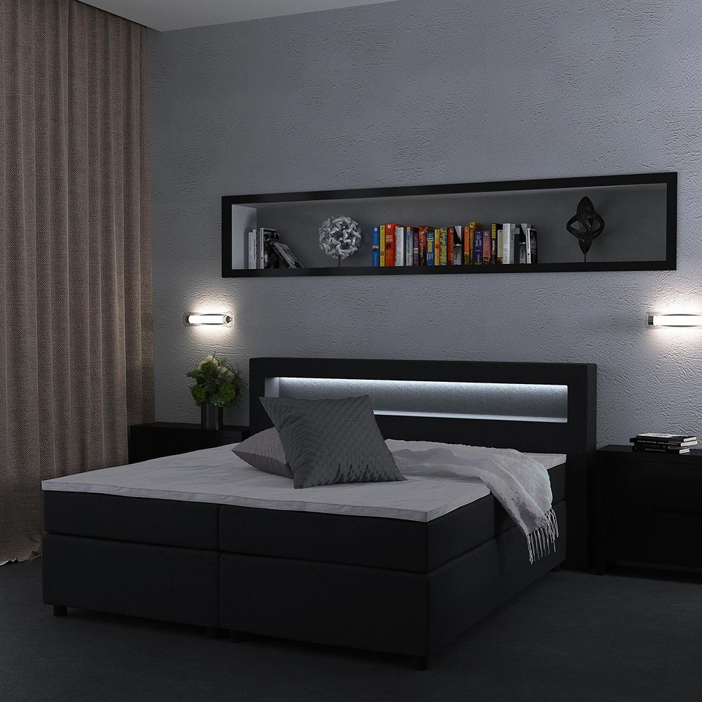 VitaliSpa® Boxspringbett Doppelbett Ehebett 180x200 cm H2 LED-Beleuchtung Anthrazit
