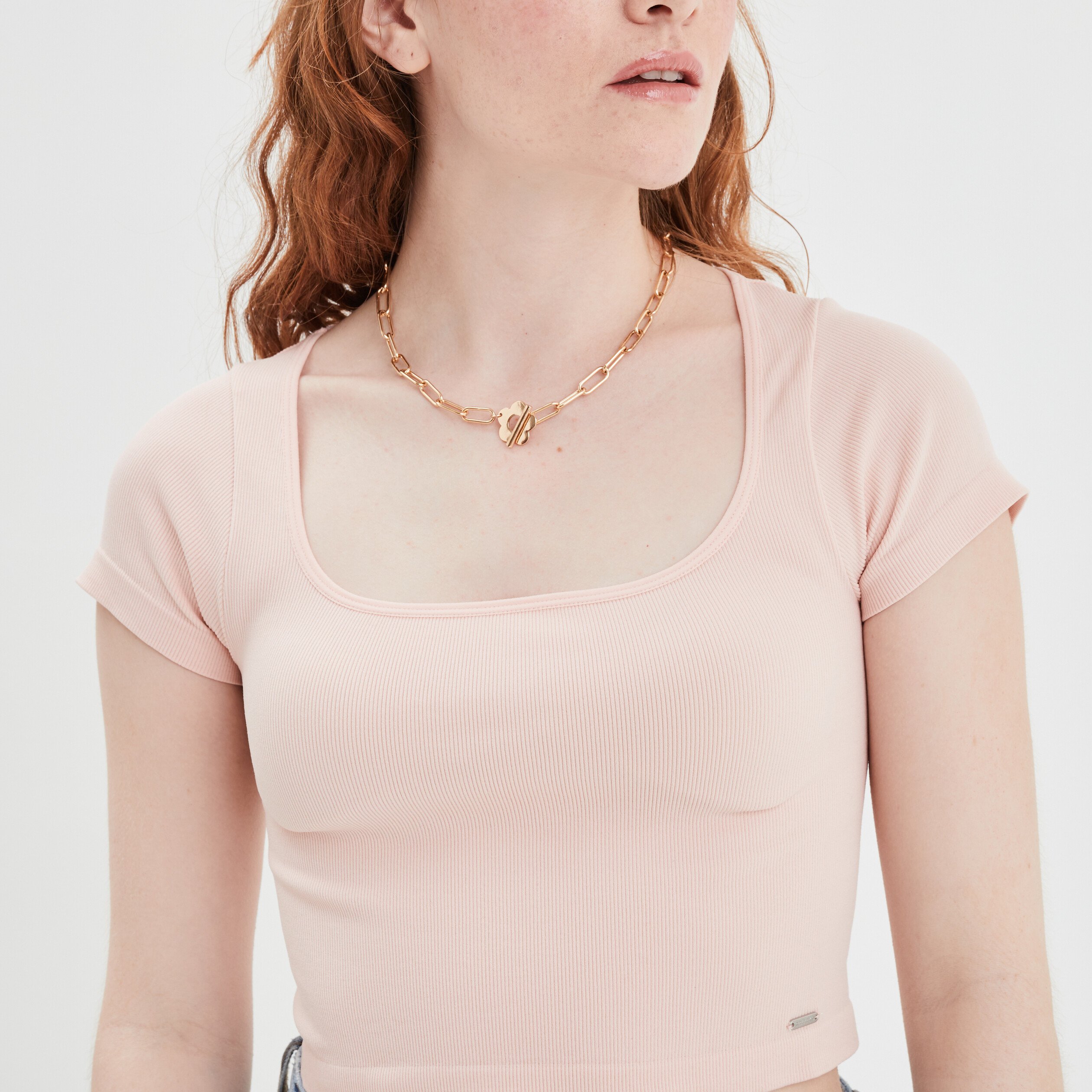 T-shirt cropped encolure carrée Creeks rose poudrée femme | La Halle