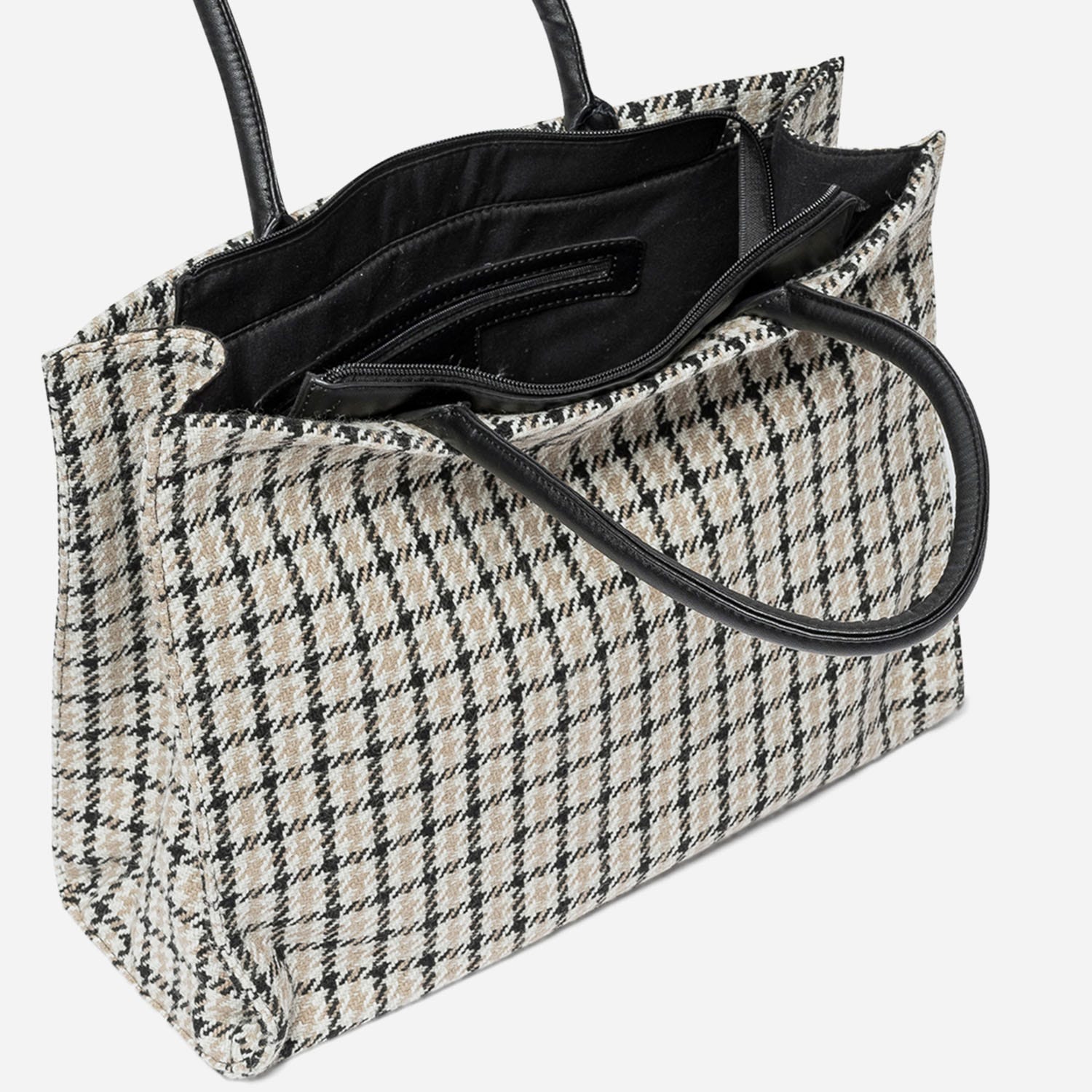 Sac cabas TEXTO beige, écru et noir à carreaux